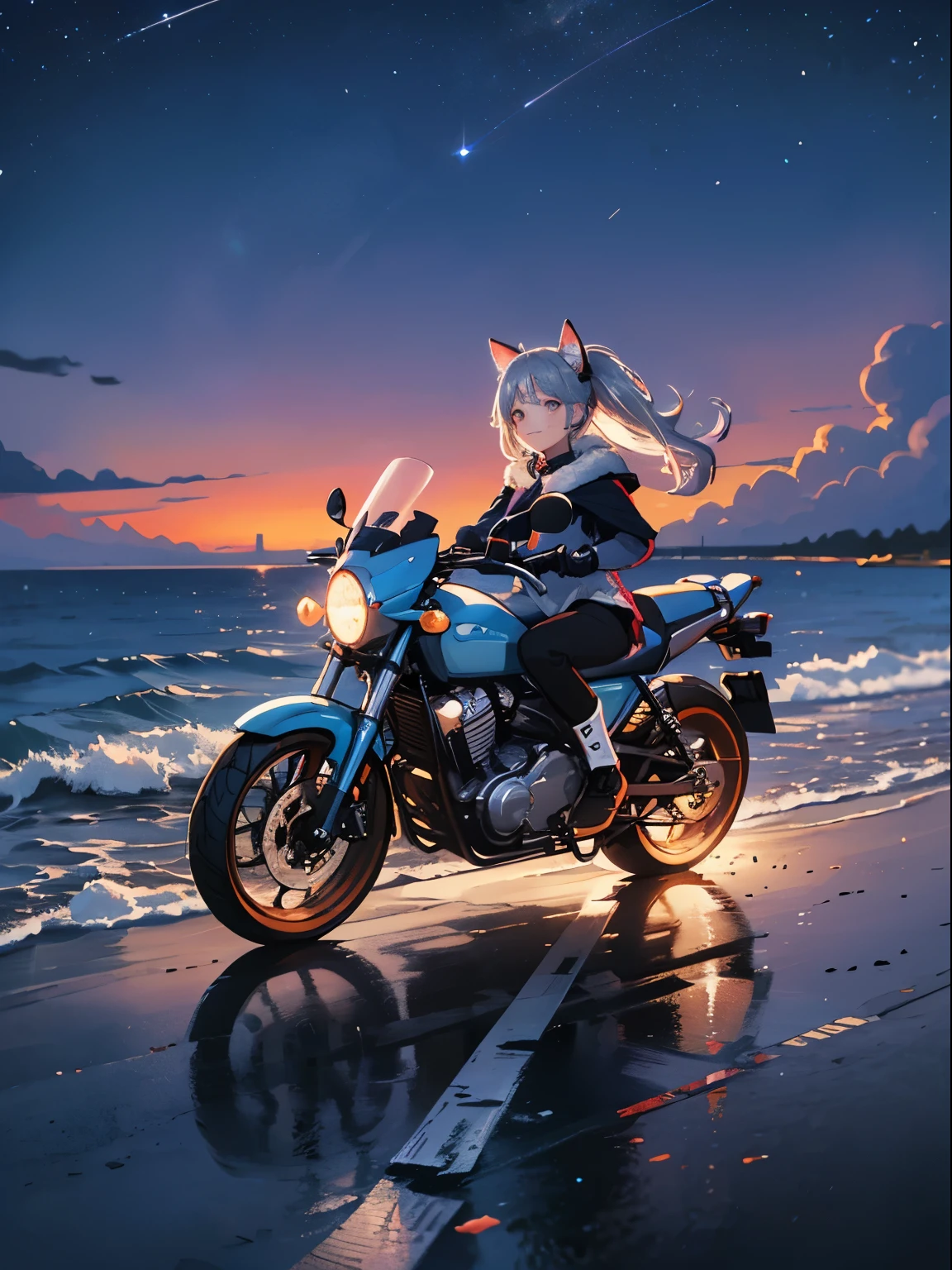 road by the sea,small and cute girl, fashionable witch, summer vacation, Neon color, motorcycle,(long silver twin tail)、master piece、high quality、Scenic spots、evening、starry sky、glowing effect、movie「cute smiling girl」、furry ears、8K、cool bike、ideal style