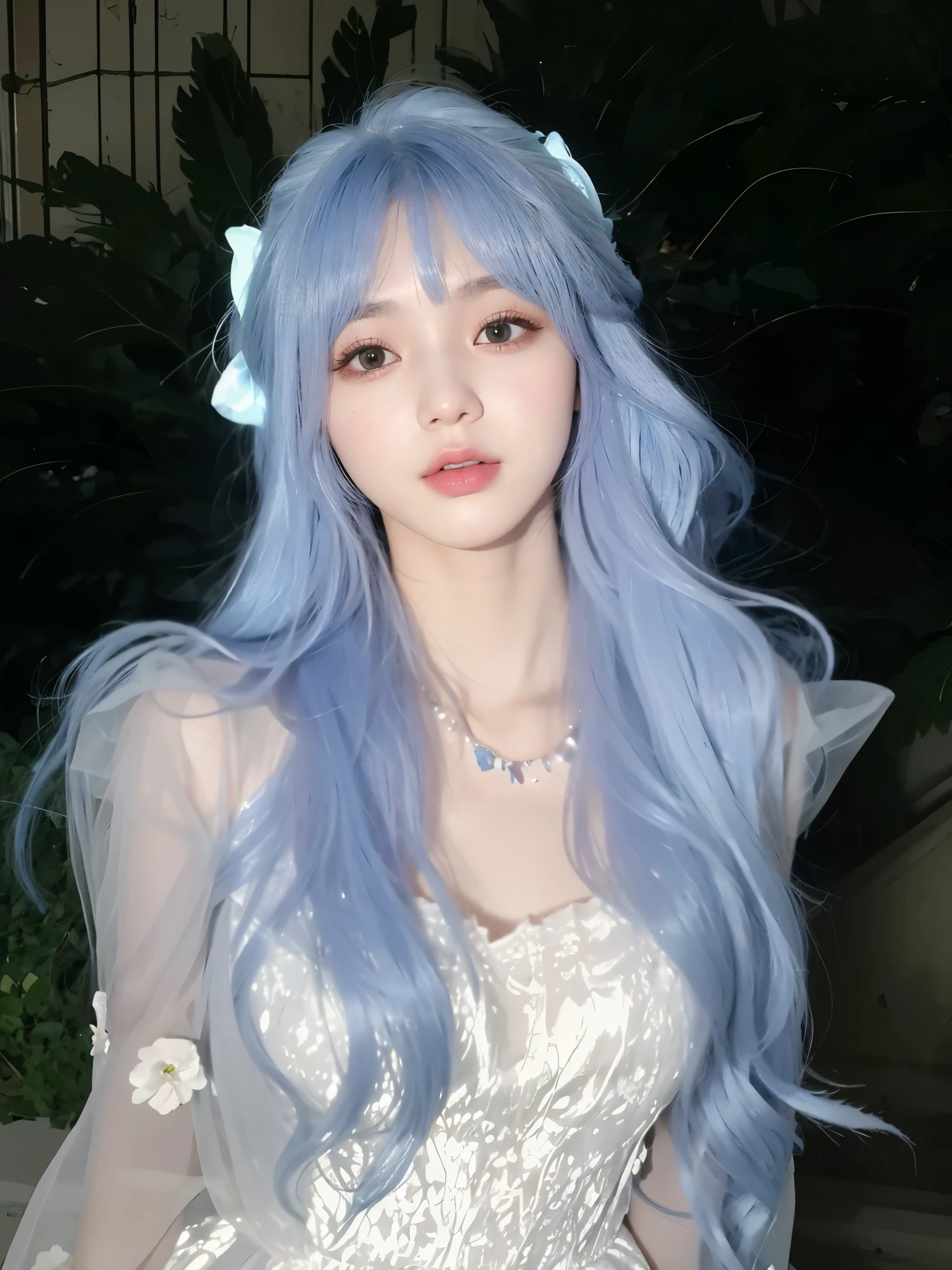 blue hair、Girl in white dress posing for photo, long glowing flowing hair, With haze blue hair, Long curly hair, Urzan, flowing hair, flowing blue hair, Long hair in pastel colors,flowing blue hair, long curly hair and bangs, inspired by Yanjun Cheng