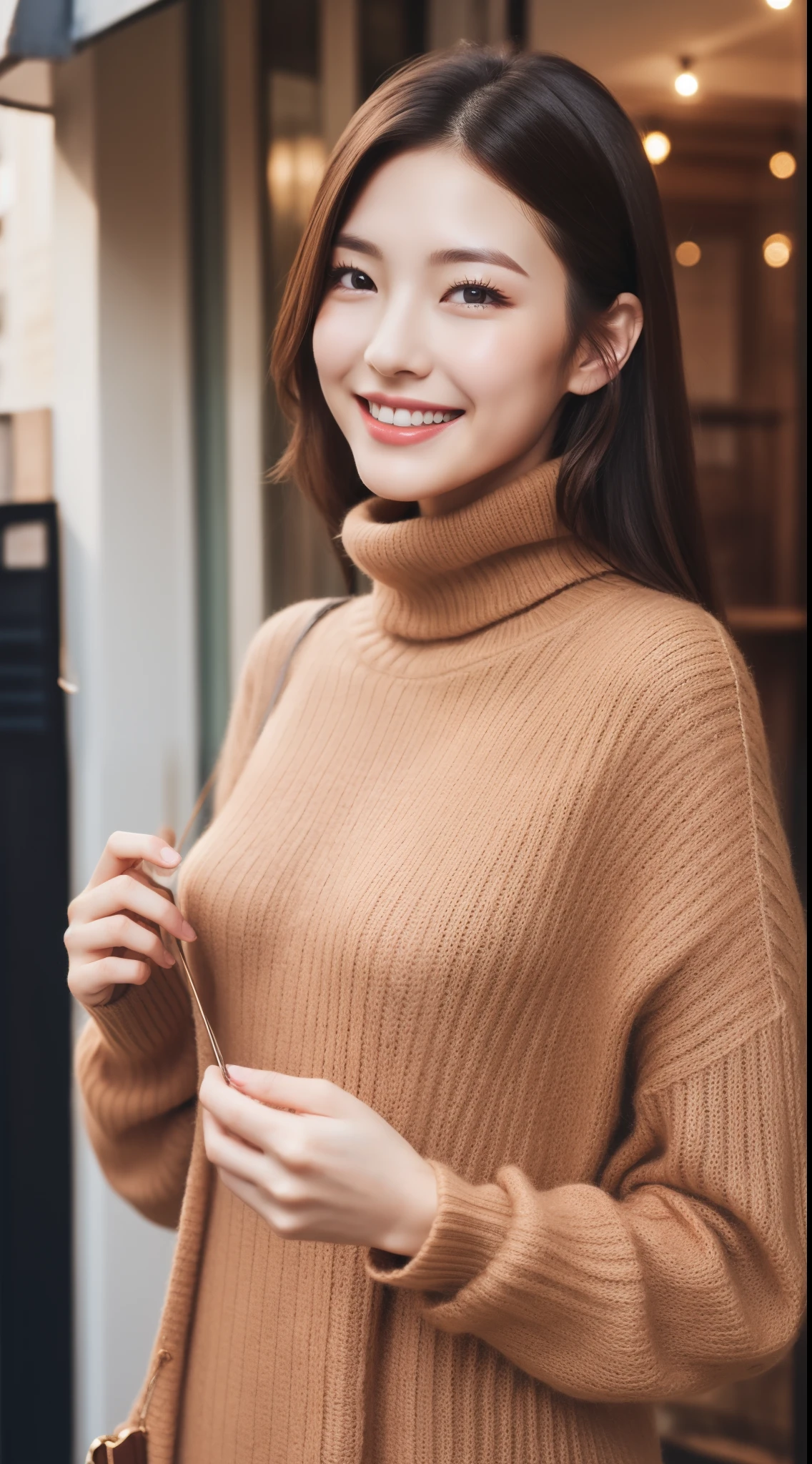 hostess face、wear a turtleneck sweater、high quality、surreal、healthy、smiling face、perfect slender figure、Japanese beauty ace perfect、beautiful skin、Upper body、christmasling street