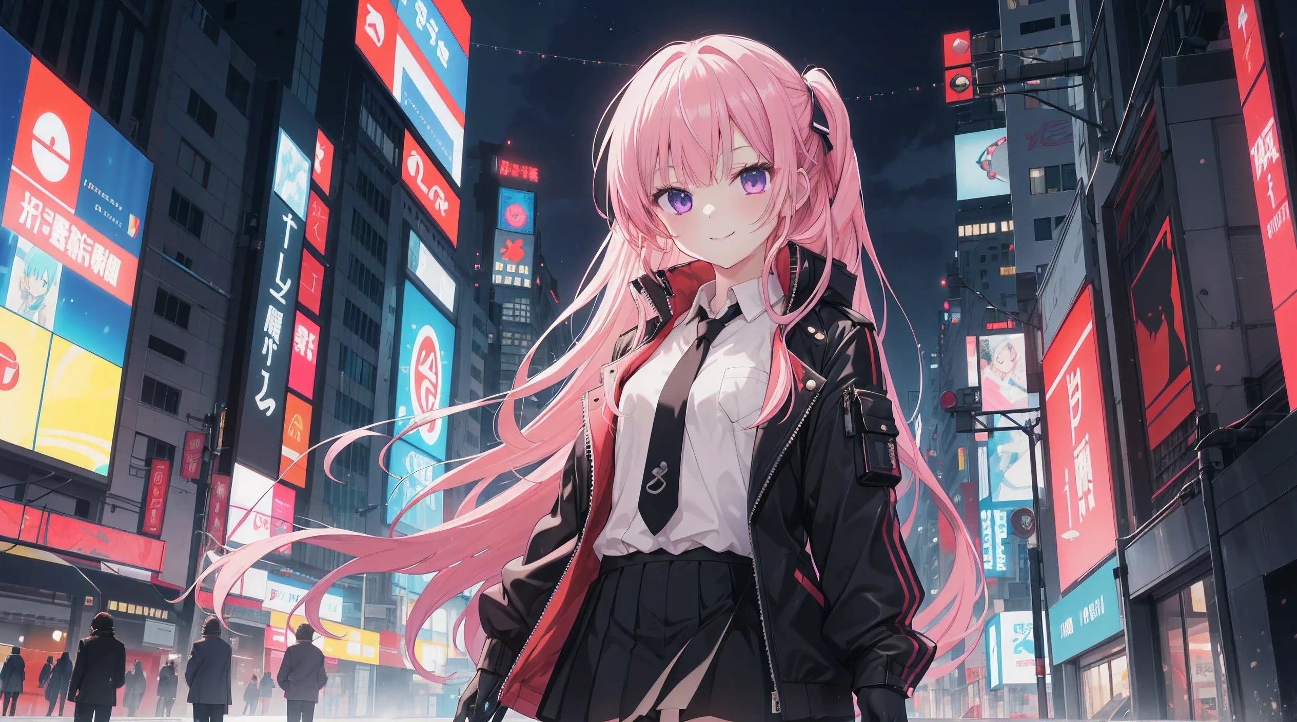 a girl,alone,long pink hair,Moderate,Smile,medium long hair,little black jacket,White shirt,black tie,black skirt,Cyberpunk Character Night,digital punk, anime style 4k,black gloves,Lack of stockings Ayase Itsuka outdoors、character-centered