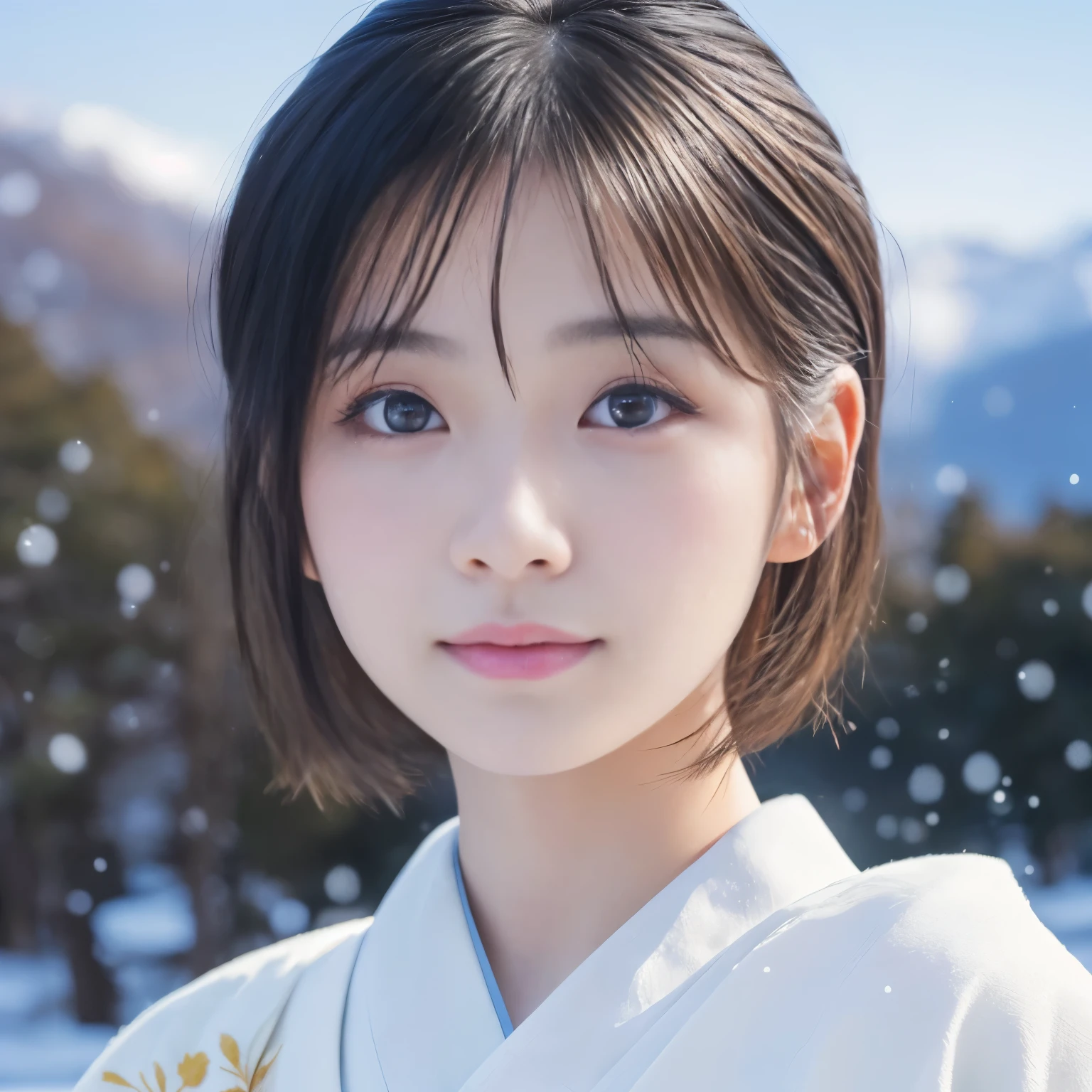 ((Best-quality, Masterpiece, Ultra-High-Resolution, (Photorealistic:1.4), Raw-Photo, Extremely-Details, Perfect-Anatomy)), 1girls, 18-years-old, the most popular Japanese-actress, standing at snowy mountain, innocent smile, (((((extremely beautiful face like a most famous Japanese-actress, extremely beautiful big-black-solid-circle-eyes))))), extremely beautiful white-short-cut-haired, extremely beautiful lips, extremely beautiful long-eyelashes, extremely beautiful white-skins, wearing only white-Japanese-KIMONO, detailed snowy-mountain, detailed white-Japanese-KIMONO