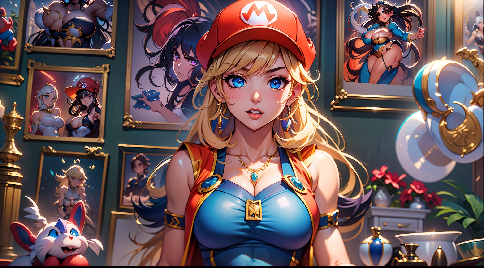 full body portrait of a photo realistic beautiful girl, 1 girl, facing forward, waifu, flowing hair, super mario bros. themed and labeled short modern clothing and a mario hat, big beautiful flirtateous open eyes, standing straight, cinematic lighting, super mario bros environment setting, highly detailed, digital painting, trending on artstation, pixiv, concept art, sharp focus, illustration, art by ross tran and wlop, Glowing eyes, Best quality, good lighting, large breasts with cleavage, seductive face, Masterpiece, highres,sharp focus,(ultra detailed,extremely detailed),(photorealistic artwork:1.37),(extremely detailed CG unity 8k wallpaper),(((vibrant colors,vibrant theme))),(intricate),(masterpiece),(best quality), girl is playing with a cute yoshi