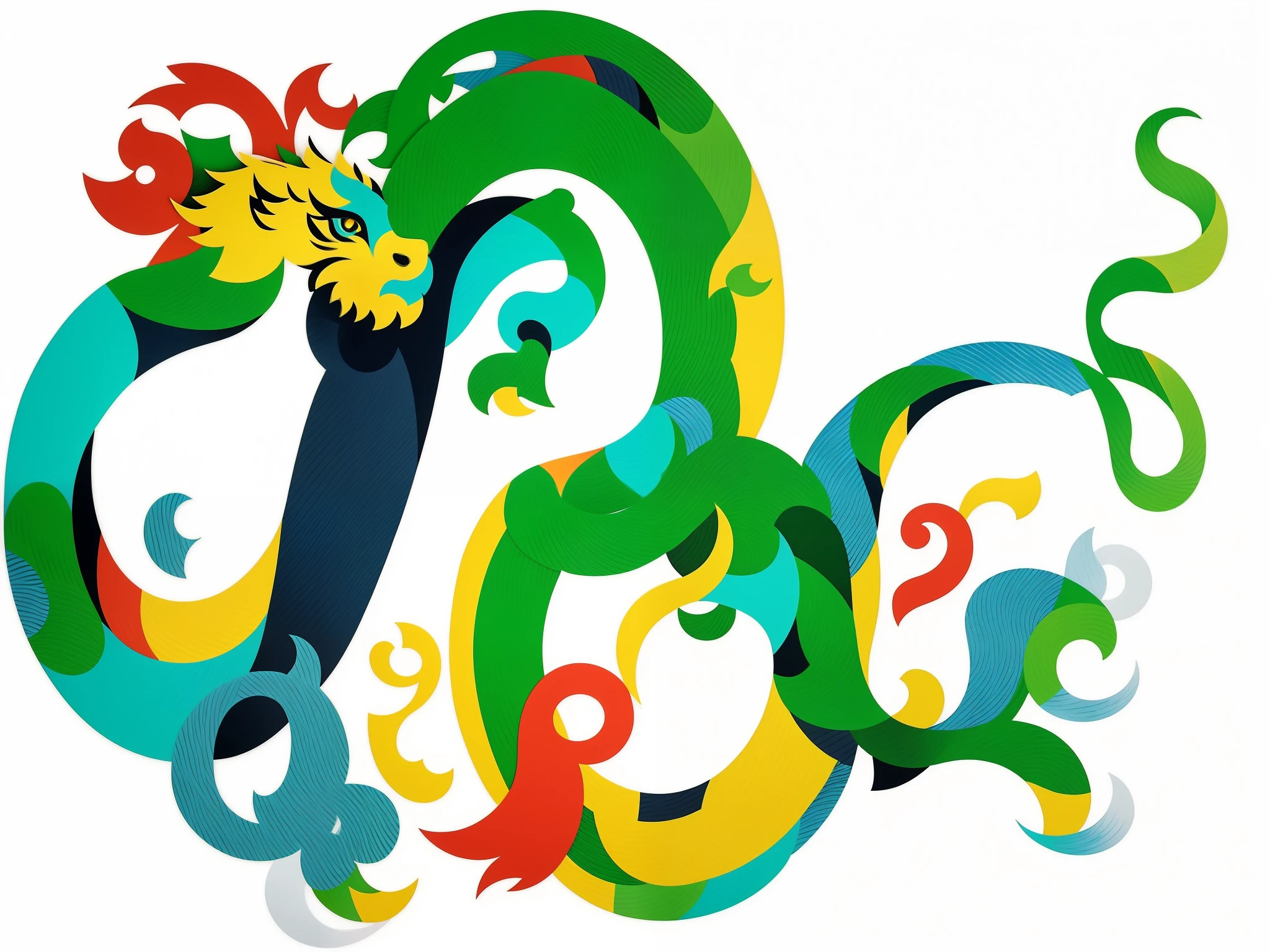 Close-up of dragon and tiger on white background, confetti, author:Pierre Raphael, Inspired by Gino Severini, complex patterns, Chinese dragon, feathered snake god, the opposite, by Gary Painter, inspired by Gary Painter, author:Tom Lapadula, author:Rafael Orsola, Tristan Eaton, wide view