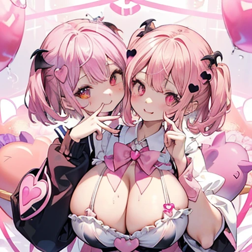 detailed、超detailedな、masterpiece、highest quality、beautiful feces、detailed eye、 (two girls:1.4)、Two succubi、(twins:1.2)、(night:1.2)、short haired、(pink ribbon:1.1)、(two side up)、pink tie、pink bra、earrings、(school uniform.1.1)、Shady face、light pink hair、(Pink Room)、malicious smile、Bruises and ugly facial features、young features、(upon:1.2)、long sleeve、(fluffy sleeves fluffy hair、(open your mouth and smile)、Elementary school girl、low length、Chiquita、big breasts、、(Put your hand on your face)、Burikko、Ruffled uniforms、Barrette、(ridicule:1.1)、look down、View of Beloise from above:1.2)、super huge boobs、(Pink heart symbol:1.5)、(Mass of heart:1.5)、(heart effect:1.5)、(heart mark:1.5)、devil's tail、devil's tail、Succubus、(super huge boobs:1.3)、loli big breasts.3)、drool、devil's tail、Boob Matching
