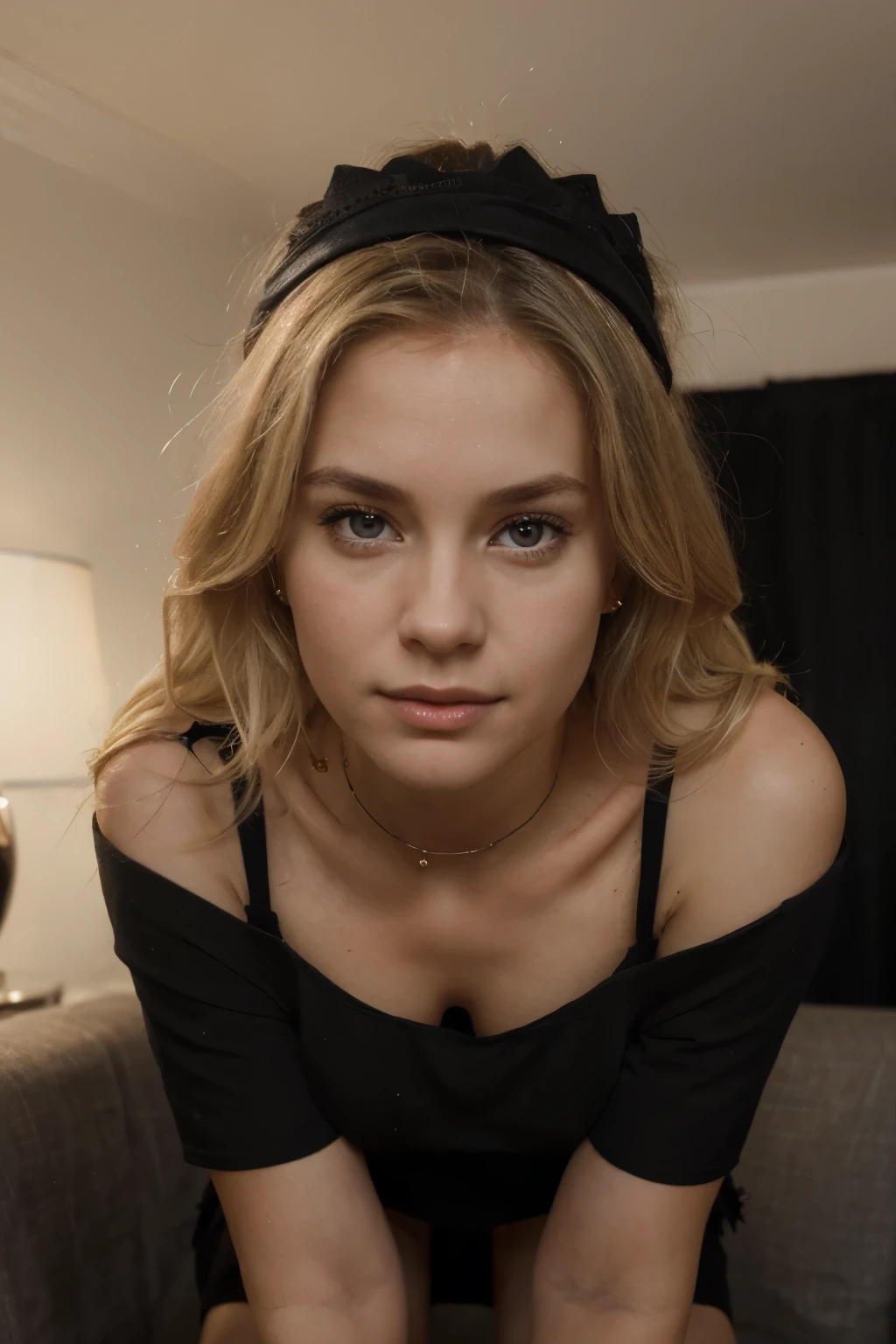 a sexy (young:1.3) girl, selfie, lingerie and coat, fashion, fashion blonde hair, selfie, from above, high angle, sexy legs