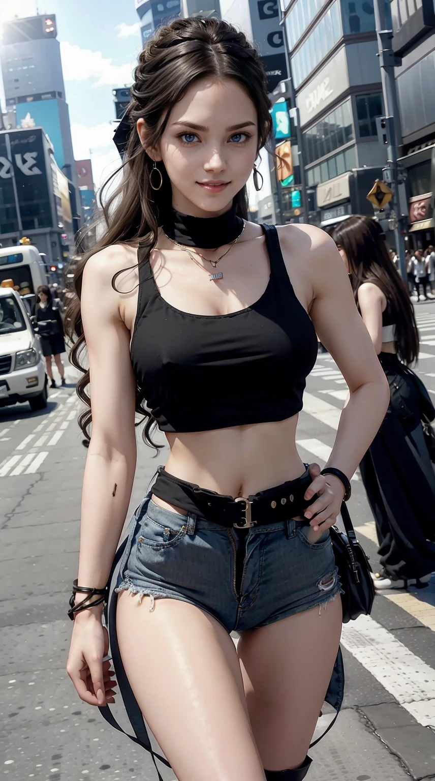 22 year old white female、Hair color is brunette、blue eyes、long hair、The ends of the hair are wavy、accessories on wrist、wearing a necklace、has earrings、skin is smooth、Slender but muscular body、smile、Wearing a sleeveless black high-neck zipper-up top、wearing skinny jeans、I'm in the middle of Shibuya's scramble crossing、smile、I'm wearing a waist pouch、hands on hips
