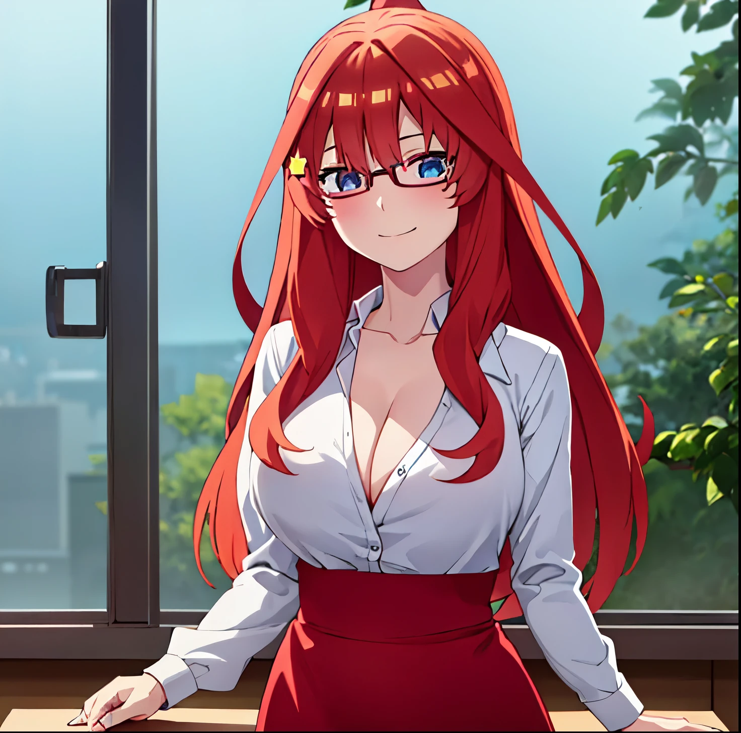 1 girl, alone, Itsuki Nakano,Anime girl with long hair, moe anime art style, Anime images of cute girls, best anime girl, cute anime girl, soft anime cg art, seductive anime girl, Lovely anime girls, cute anime girl, bright eyes, big tits, medium waist, wide hips, medium thighs,(((((On a desk))))), ((Looking at viewer)), (legs open),((smile) ), close up, red hair, medium hair Blue eyes, red glasses, White shirt, Top shirt button disabled, cleavage, collarbones visible, light boob cleavage, (portrait), (((no bra))), (( (Luxury restaurant))), glass of wine, cleavage, ponytail, earrings, good anatomy, good hands