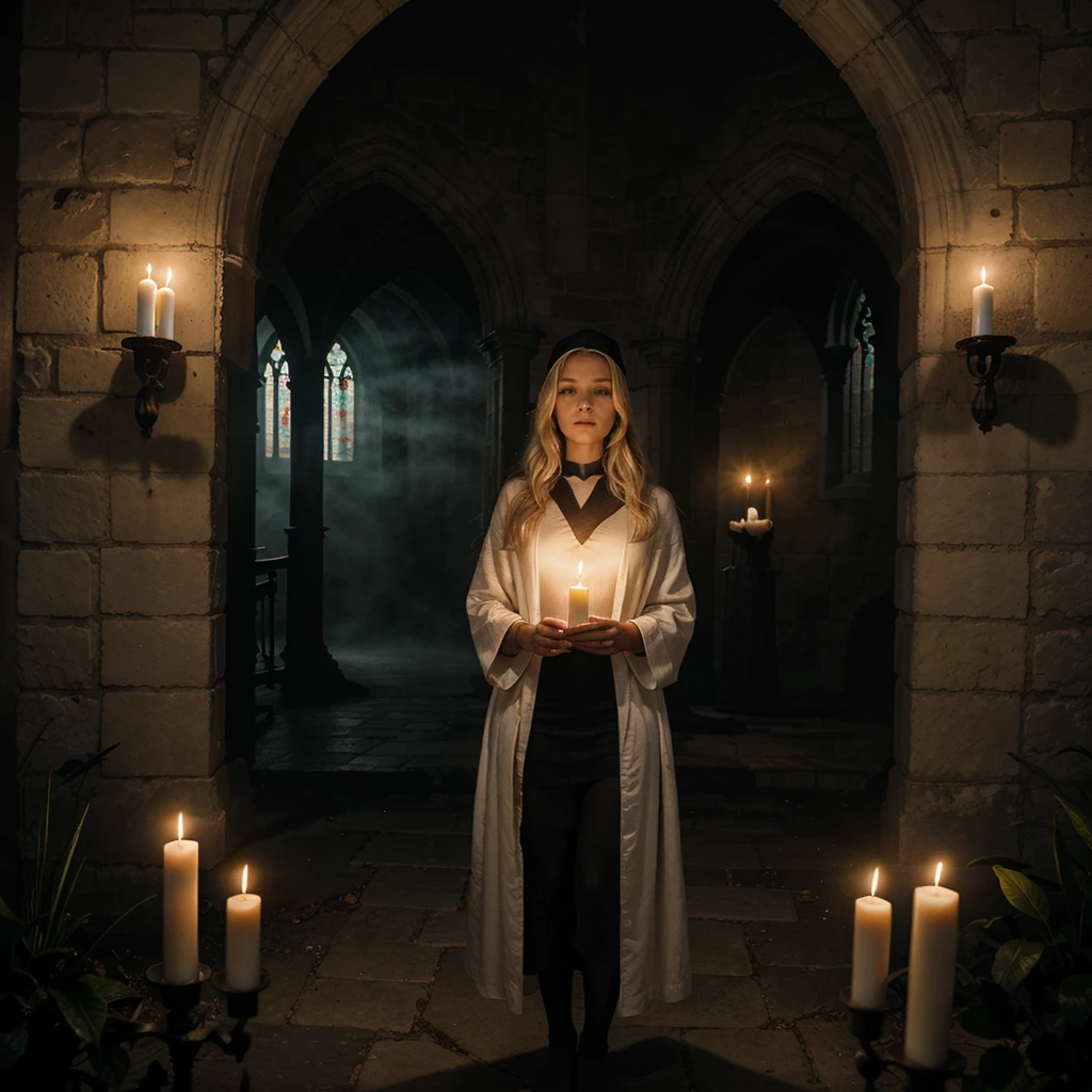 masterpiece, best quality, beautiful very young blonde girls dressed in mysterious robes in a huge old gothic style cathedral, candle lighting, sacrificial ritual, strange ceremony, fog and cold, highly detailed, photorealism, photographic look, RAW style , fog and cold, you can see a castle in the fog