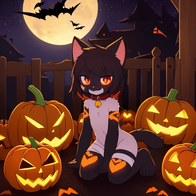A bandaged cat,The tail in the right position,red pupils,collar,halloween,night,pumpkin,Randomly colored slimes cover the body,kneeling