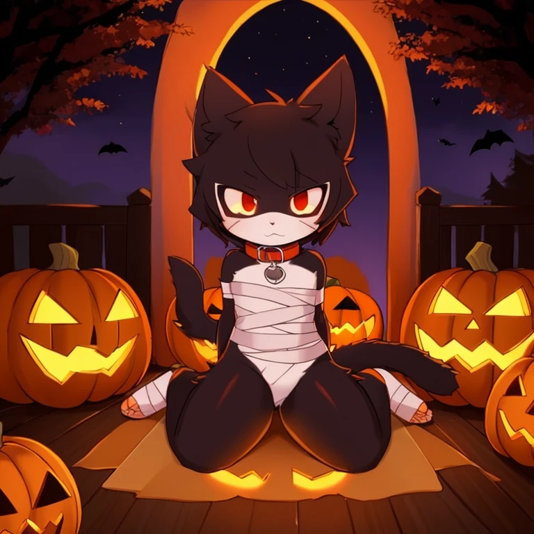 A bandaged cat，The tail  in the right position，red pupils，collar，halloween，night，pumpkin，Randomly colored slimes cover the body，kneeling