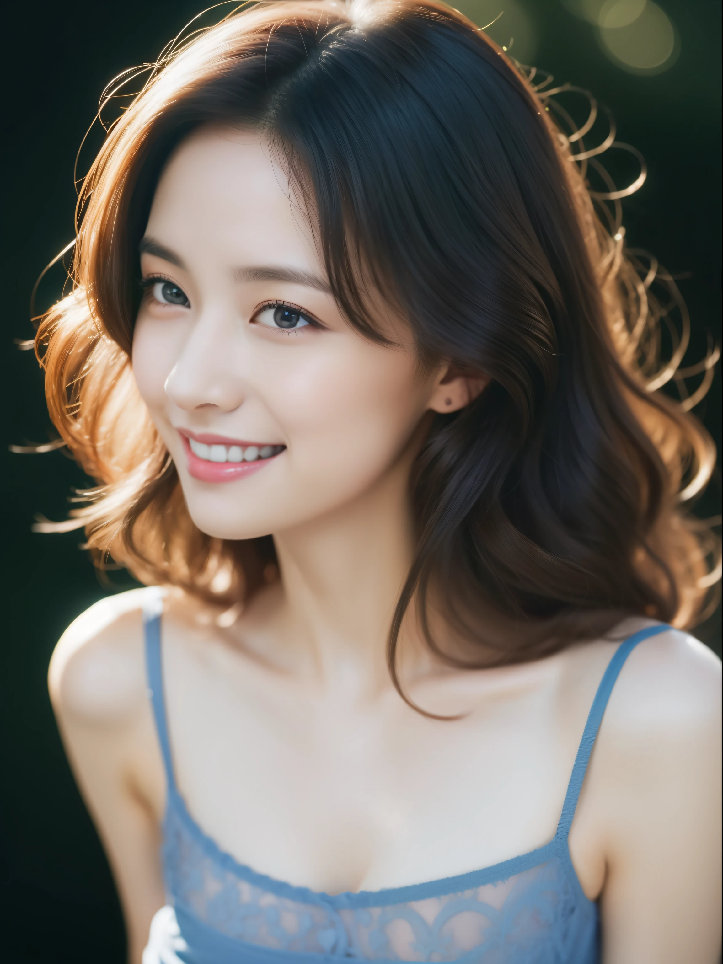 beautiful 30 year old woman。She is wearing a tight camisole of light blue-gray satin fabric。Black lace on chest and hem.。cute smile。her dark brown hair 、her hair is long and curly。High resolution、masterpiece、highest quality、Head w:1.4、((Hasselblad Photos))、fine skin、fine knit、(movie lighting)、clavicle