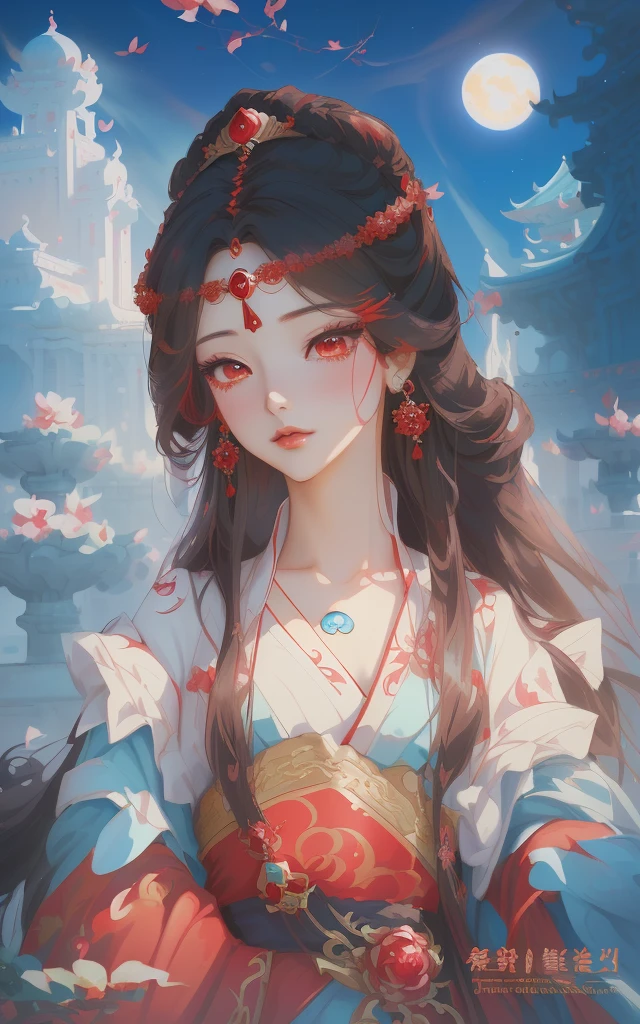 a close up of a woman with long hair wearing a red dress, a beautiful fantasy empress, ((a beautiful fantasy empreseautiful character painting, palace , a girl in hanfu, beautiful fantasy anime, anime goddess, inspired by Du Qiong, beautiful alluring anime woman, inspired by Li Mehu, fantasy art style, beautiful anime woman
