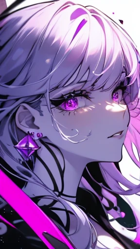 One girl, alone, facing forward, long hair, looking at viewer, white background, jewelry, smile, jacket, hair with a mixture of deep purple and black, earrings, eyes with deep purple gradation, necklace, from the side, sweater, Lips, eyelashes, makeup, long straight hair, earrings, diamonds, lipstick, earrings, eyeshadow, hoop earrings, pink lips, purple theme, purple eyeshadow,