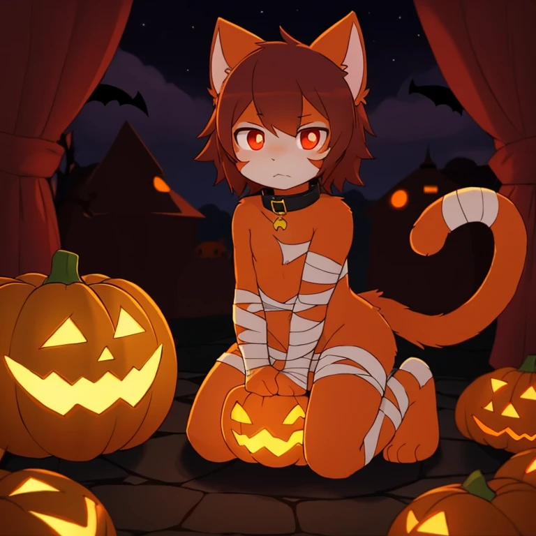 A bandaged cat，The tail  in the right position，red pupils，collar，halloween，night，pumpkin，Randomly colored slimes cover the body，kneeling