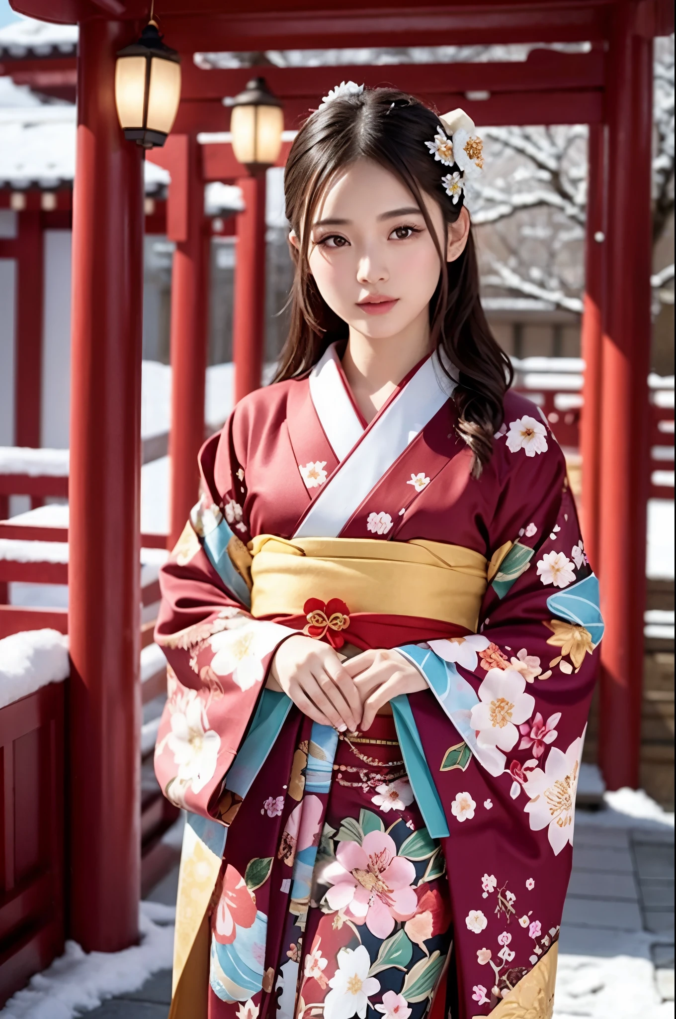 (masterpiece:1.2), (realisitic, photorealistic:1.4), Japanese shinto shrines in snowy landscapes, ((A beautiful Japanese girl in a kimono for New Year's celebration, solo, floral print, hair ornaments)), (best quality, high resolution, RAW photo), Early morning of New Year's Day, cowboy shot, Like a Japanese Idol, Extremely cute, elegant, Slightly bewitching, parted lips, glossy skin, cinematic composition, professional warm lighting and shading, extremely detailed eyes and face, eyes with beautiful details, insanely detailed beautiful realistic skin texture, (correct body balance, accurate hands, accurate eyes)