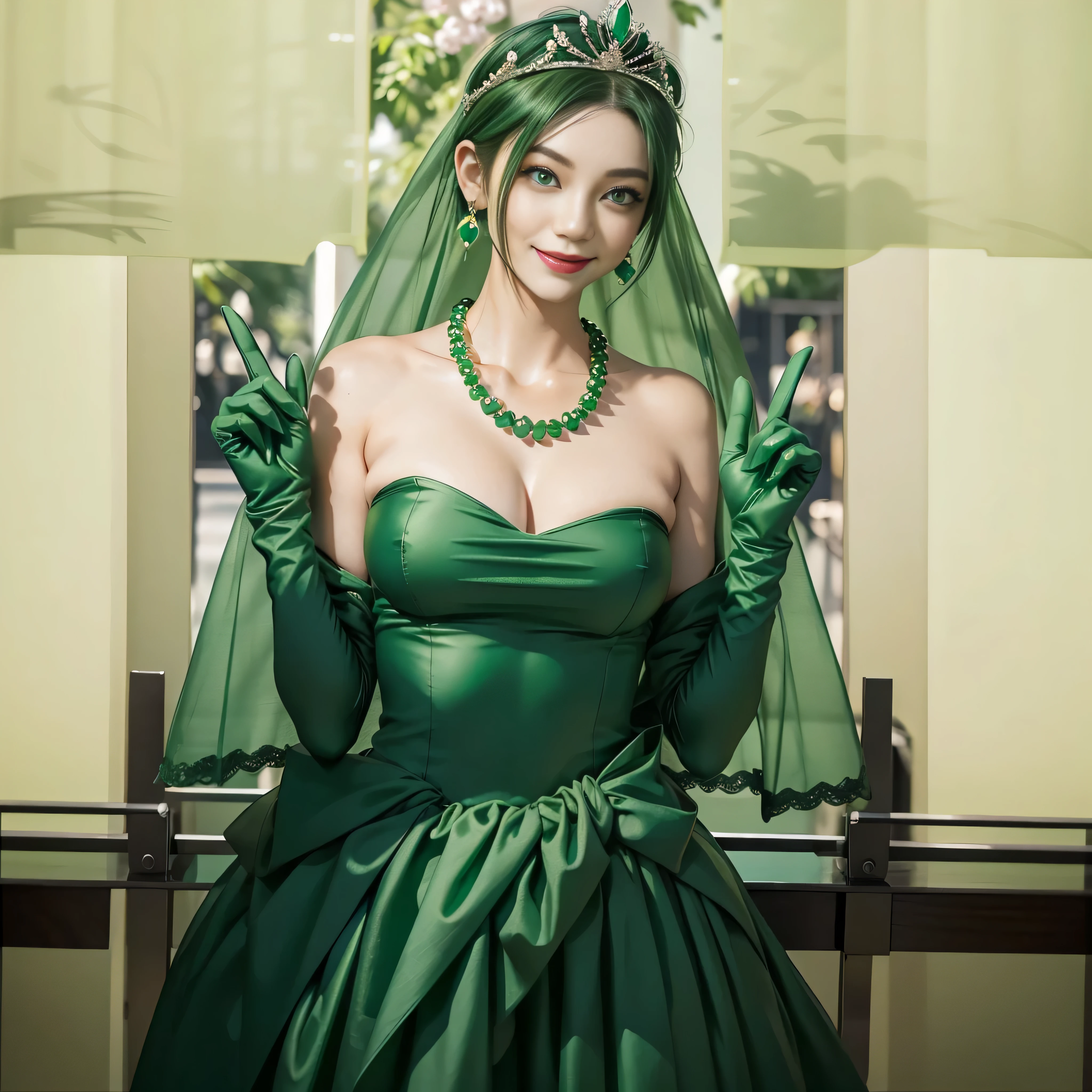 emerald tiara, Green Pearl Necklace, Boyish very short green hair, lipstick, Japan woman smiling, very short short hair, big breasts beautiful, green eyes, Long green gloves made of satin material, green eyes, v sign, Emerald Earrings, green vale