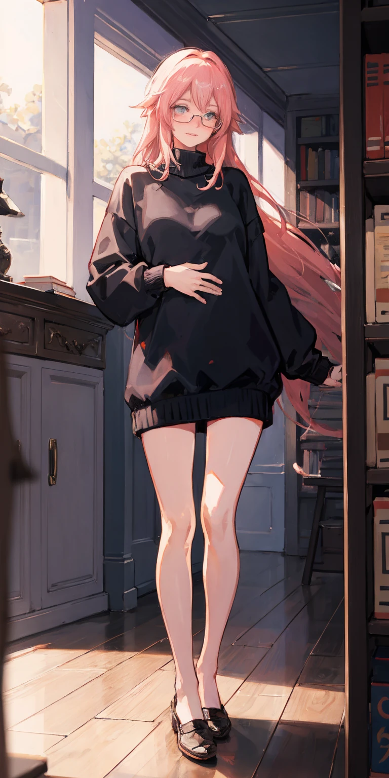 full-body close-up, create an elegant atmosphere, (masterpiece),(best quality), glasses, chakumomi, pov hand, breast grab, (embarrassed),sweater, in library, standing on wood floor
