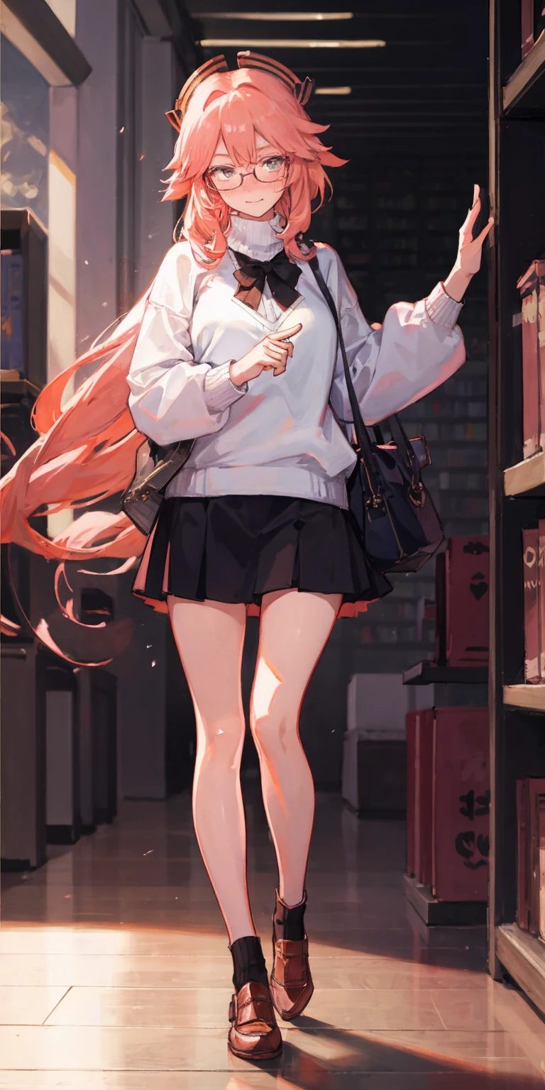 full-body close-up, create an elegant atmosphere, (masterpiece),(best quality), glasses, chakumomi, pov hand, breast grab, (embarrassed),sweater, in library, standing on wood floor