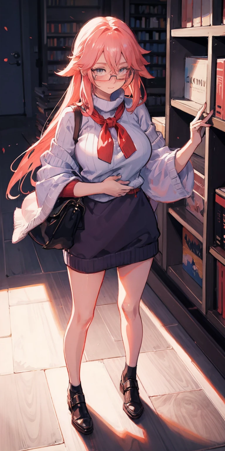 full-body close-up, create an elegant atmosphere, (masterpiece),(best quality), glasses, chakumomi, pov hand, breast grab, (embarrassed),sweater, in library, standing on wood floor
