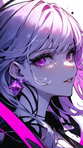 One girl, alone, facing forward, long hair, looking at viewer, white background, jewelry, smile, jacket, hair with a mixture of deep purple and black, earrings, eyes with deep purple gradation, necklace, from the side, sweater, Lips, eyelashes, makeup, long straight hair, earrings, diamonds, lipstick, earrings, eyeshadow, hoop earrings, pink lips, purple theme, purple eyeshadow,