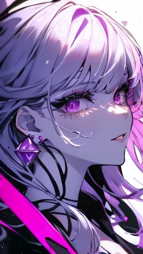 One girl, alone, facing forward, long hair, looking at viewer, white background, jewelry, smile, jacket, hair with a mixture of deep purple and black, earrings, eyes with deep purple gradation, necklace, from the side, sweater, Lips, eyelashes, makeup, long straight hair, earrings, diamonds, lipstick, earrings, eyeshadow, hoop earrings, pink lips, purple theme, purple eyeshadow,