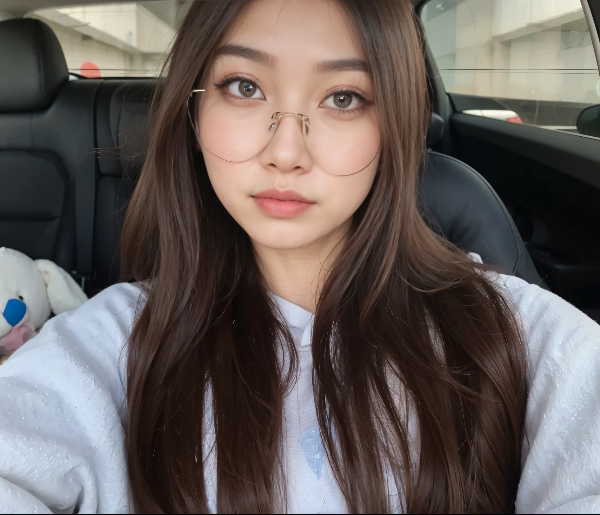 arafed woman with glasses sitting in a car with a stuffed animal, with glasses, Asian girl with long hair, gema chen, 18 anos de idade, Suzy, jaeyeon nam, Menina coreana, gongbi, thick lens glasses, 21 anos de idade, Xisionwu, wearing big thin round glasses, asian face, 28 anos de idade, Asian girl