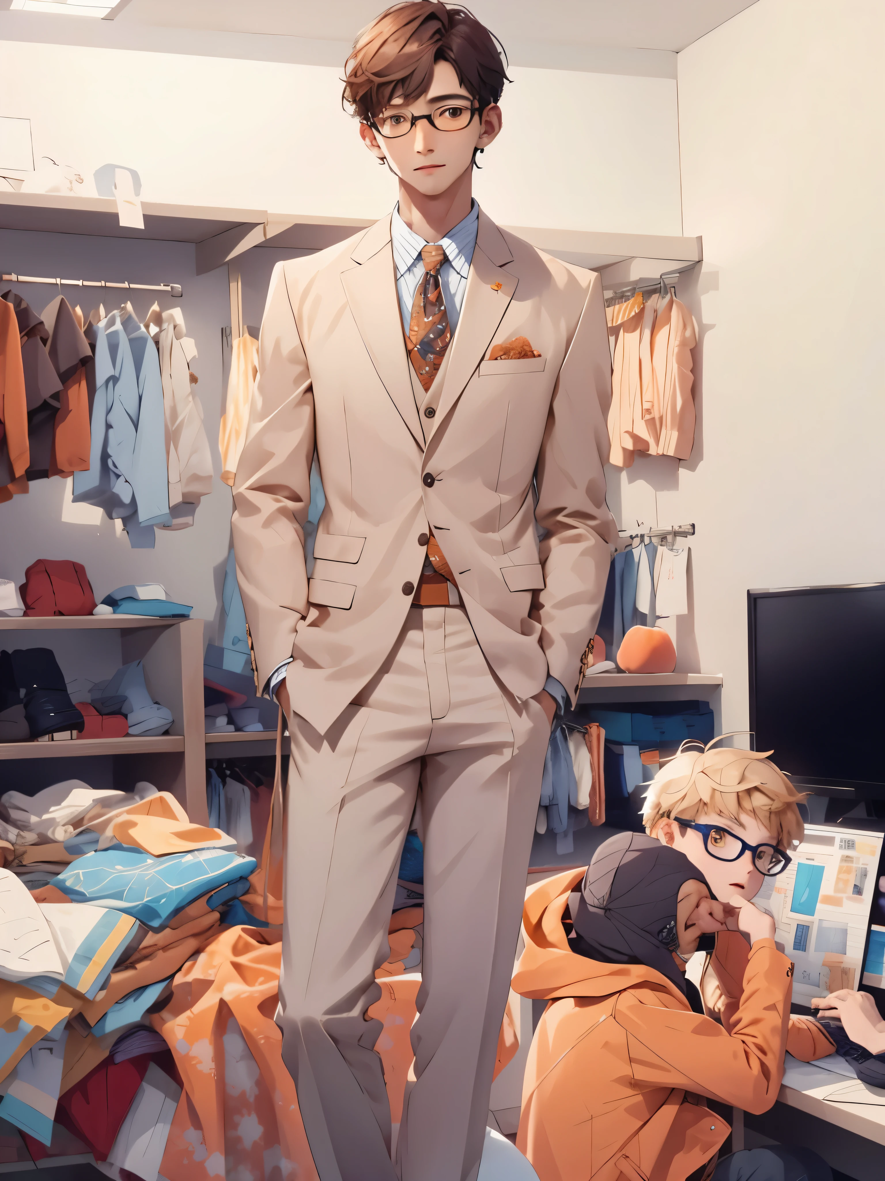 boys，Apricot suit，round glasses