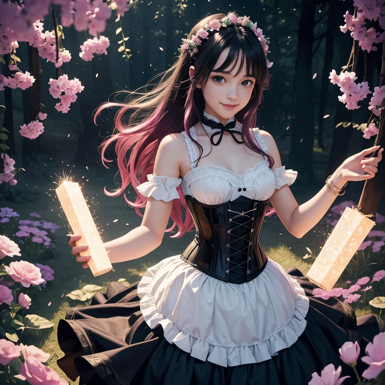 A age boy finds himself in a magical moment of transformation, as a group of witches brings about a whimsical change. The boy undergoes a complete gender bending and experiences a magical sex change ritual, resulting in a cute and charming girl. She’s wearing a black Victorian dress with a corset. The artwork embraces an anime style, with vibrant and expressive visuals.
The main focus of the image is the newly transformed girl, radiating joy and contentment. Her eyes, intricately detailed in a beautiful shade of pink, sparkle with excitement and curiosity. The transformation has also given her long black hair, adorned with subtle hints of pink dye, adding a touch of whimsy to her appearance.
To enhance the overall quality of the image, please ensure that it captures the best quality, with attention to detail such as high resolution (4k, 8k), and a level of realism (1.37 photorealistic). The artwork should also showcase ultra-detailed features that are realistic and visually captivating.
In terms of art style, the image should reflect an anime influence, capturing the essence of this beloved genre. The color palette should be vibrant and vivid, breathing life into the scene and emphasizing the joyful atmosphere.
To bring the image to life, consider incorporating studio lighting techniques, which will add depth and dimension to the artwork. The lighting should emphasize the protagonist and enhance the colors and details in the scene.
Additional details to consider can include the surrounding environment or any magical elements that might enhance the narrative. However, please ensure that the details complement the main theme and do not overwhelm the composition.
Overall, the goal is to create a visually stunning artwork that captures the magical moment of transformation and the happiness radiating from the newly transformed girl.