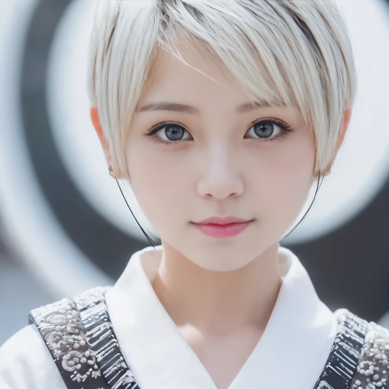 ((Best-quality, Masterpiece, Ultra-High-Resolution, (Photorealistic:1.4), Raw-Photo, Extremely-Details, Perfect-Anatomy)), 1girls, 18-years-old, the most popular Japanese-idol, standing at snowy mountain, innocent smile, (((((extremely cute face like a most famous Japanese-idol, extremely beautiful big-black-solid-circle-eyes, extremely beautiful white-short-cut-haired))))), extremely beautiful lips, extremely beautiful long-eyelashes, extremely beautiful white-skins, wearing only white-Japanese-KIMONO, detailed snowy-mountain, detailed white-Japanese-KIMONO