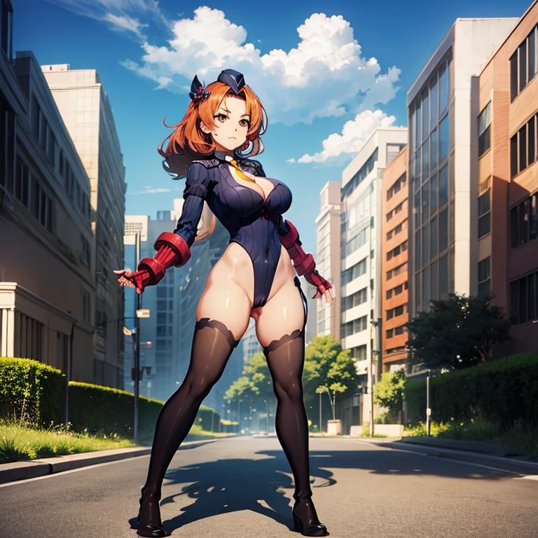 ultra-detailed, Explicit, Beautiful body, Beautiful Nose, Beautiful character design, perfect eyes, perfect face, ultra highres, 4K, beautiful legs, perfect legs, Nice hands, Perfect hand, Masterpiece, Best Quality, Highly detailed, illustration, absurdres, street fighter, doll suit, shadaloo doll, dollsuit, expressionless, blank eyes, looking at viewer, red gloves, emotionless, black latex, corrution, mind control, female combatant, full body, hypnotized, unhappy trance, full body suit, ribbed bodysuit, both arms at side, obey, perfect female body, extremely glossy latex, hypnosis, hypnoLora, empty eyes, Mind control device, poses, submissive_pose, Slave, hat, necktie, standing, standing up straight, Standing at attention, hat, yellow necktie, belt, latex, ribbed bodysuit, thighhighs, garter belt, Fighting Stance, extending the right arm from the shoulder into the air with a straightened hand, military, thigh boots, solo, Elizaveta Fomina, Madan no Ou to Vanadis, elizaveta, heterochromia, yellow eyes, blue eyes, hair ornament, dress, detached sleeves, cleavage, corset, garter straps, thighhighs