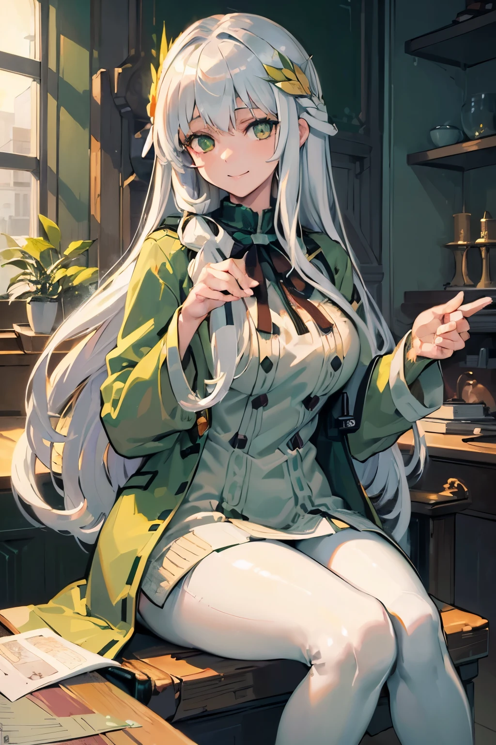 (best quality:1.3), (masterpiece:1.3), (illustration:1.3), (ultra-detailed:1.3), (imid shot:0.9), 1girl, ((white hair)), large breasts, ((green eyes)), light smile, coat, tall, mature, long hair, hair ornaments, indoors, pantyhose, green sweater, open white coat, open clothes, long sleeves, indoors, lab,