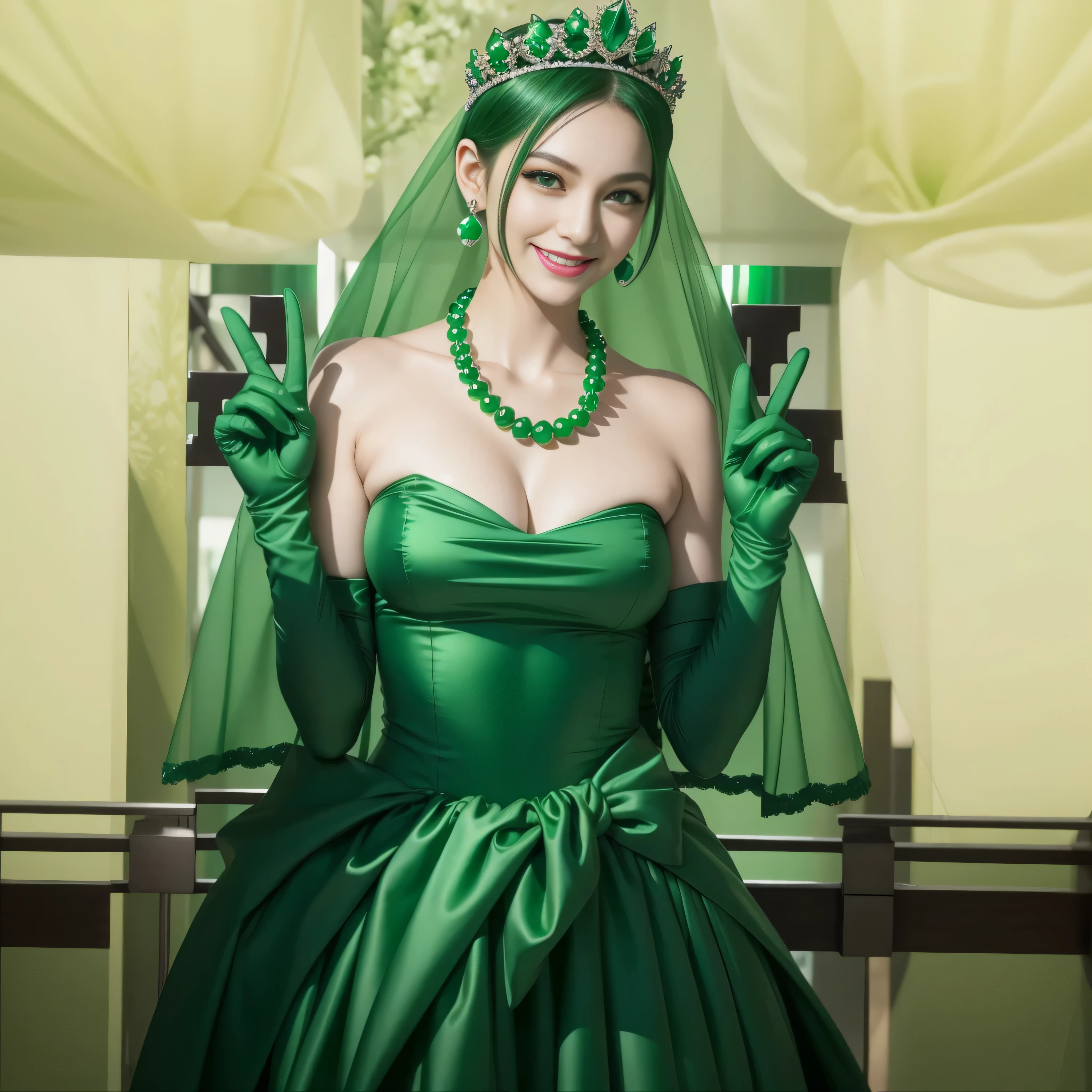emerald tiara, Green Pearl Necklace, Boyish very short green hair, lipstick, Japan woman smiling, very short short hair, big breasts beautiful, green eyes, Long green gloves made of satin material, green eyes, v sign, Emerald Earrings, green vale