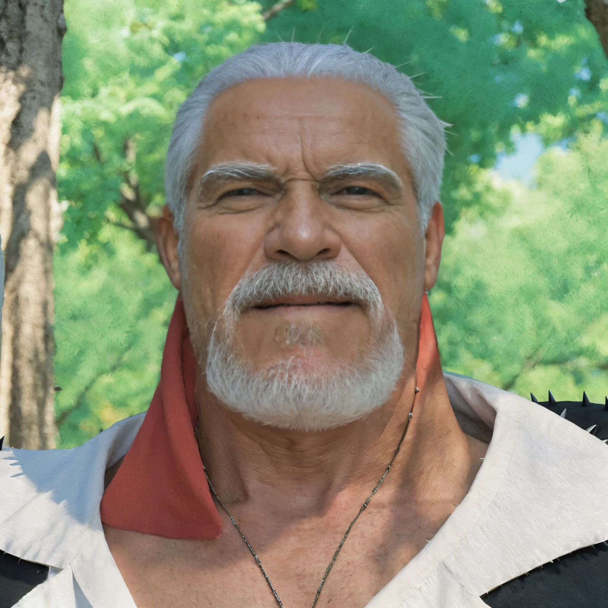 (masterpiece), (realistic), (ultra detailed), ( high reest quality), (photorealistic), (perfect face), (perfect anatomy), old man, 1male, solo, American, (((muscular))), monkey d. Garp from one piece, monkey d. Garp, Garp, ((spiky haircut)), ((white hair)), white beard, white mustache, wears a black shirt, wears black pants, wears black shoes, wears a red tie, wears a white robe with, detailed fingers, Behind the characters there are trees and bushes, detailed hand