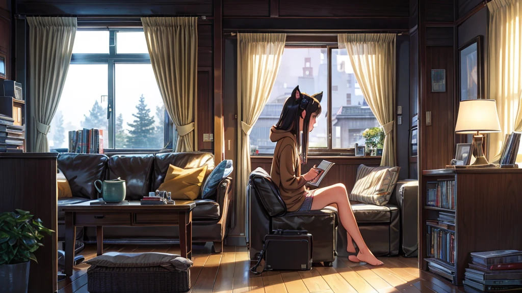 In a cozy room, the soft light of a lamp highlights a girl. She sits cross-legged, wearing a cat-ears hoodie, immersed in reading a book. Next door, a record player plays vinyl, while curtains move gently in the breeze. Through the window, a curious cat watches. A small table with a teapot emits subtle steam. These elements form a relaxing scene