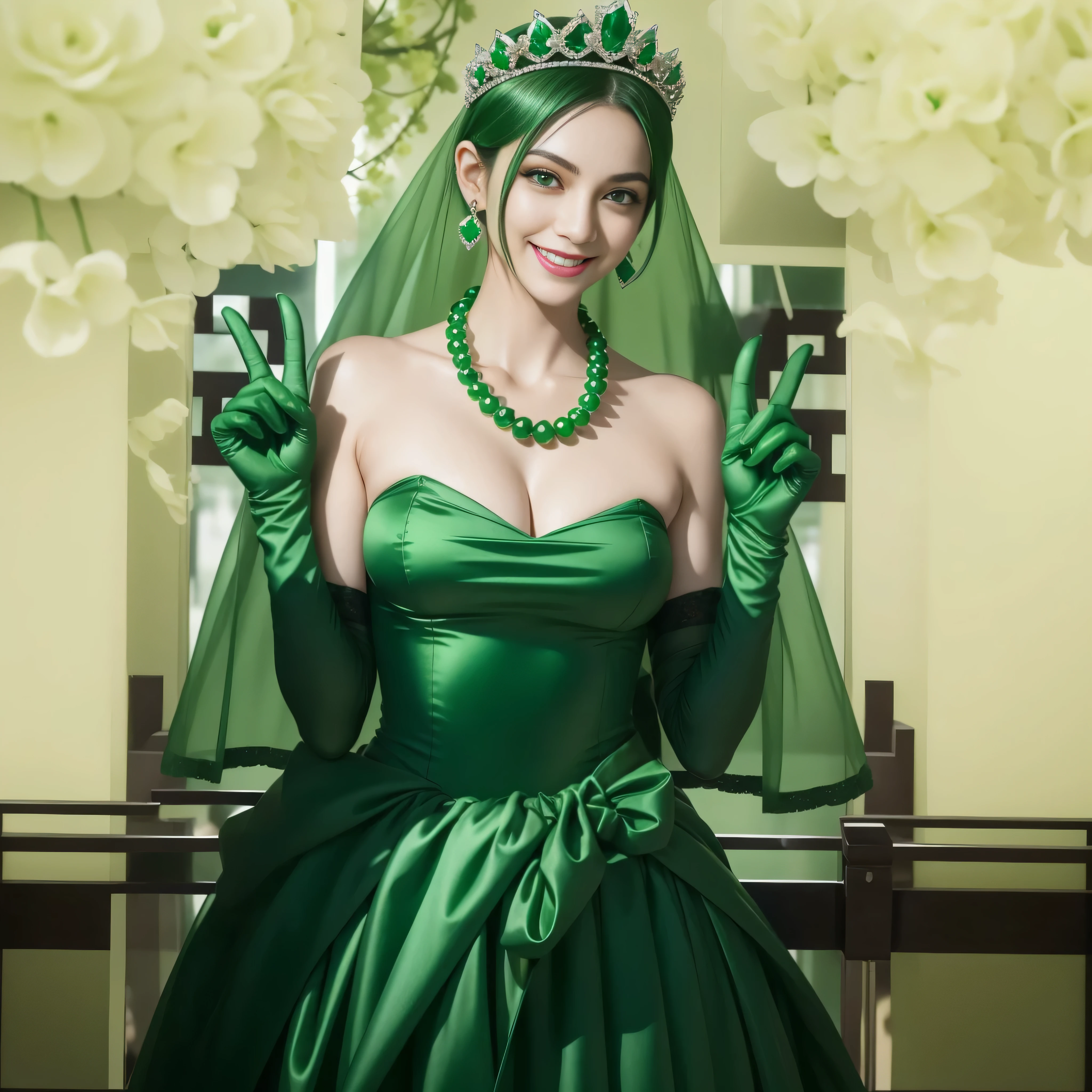 emerald tiara, Green Pearl Necklace, Boyish very short green hair, lipstick, Japan woman smiling, very short short hair, big breasts beautiful, green eyes, Long green gloves made of satin material, green eyes, v sign, Emerald Earrings, green vale