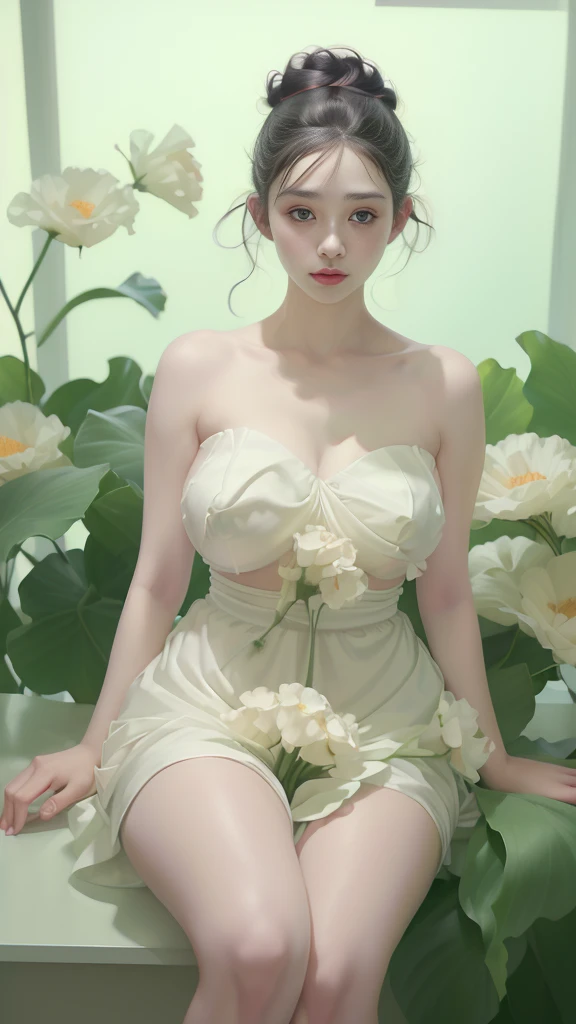 (best quality, high resolution, raw photo), curvaceous, ((Shia LaBeouf)), solo, (long black updo-hair with flower), ((attractive thick-lip)), (white and green maxi strapless-dress ), (huge breast:1.2), (widest hip, huge thigh:1.4), (sexy pose), (near desk, inside office), (looking at camera)