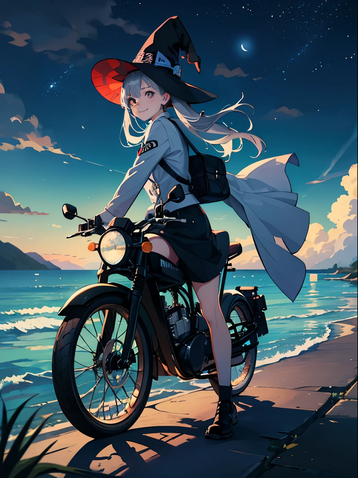 road by the sea,small and cute girl, fashionable witch, summer vacation, Neon color, motorcycle,(long silver twin tail)、master piece、high quality、Scenic spots、evening、starry sky、glowing effect、movie「cute smiling girl」、Modified Bikes、8K、cool bike、ideal style