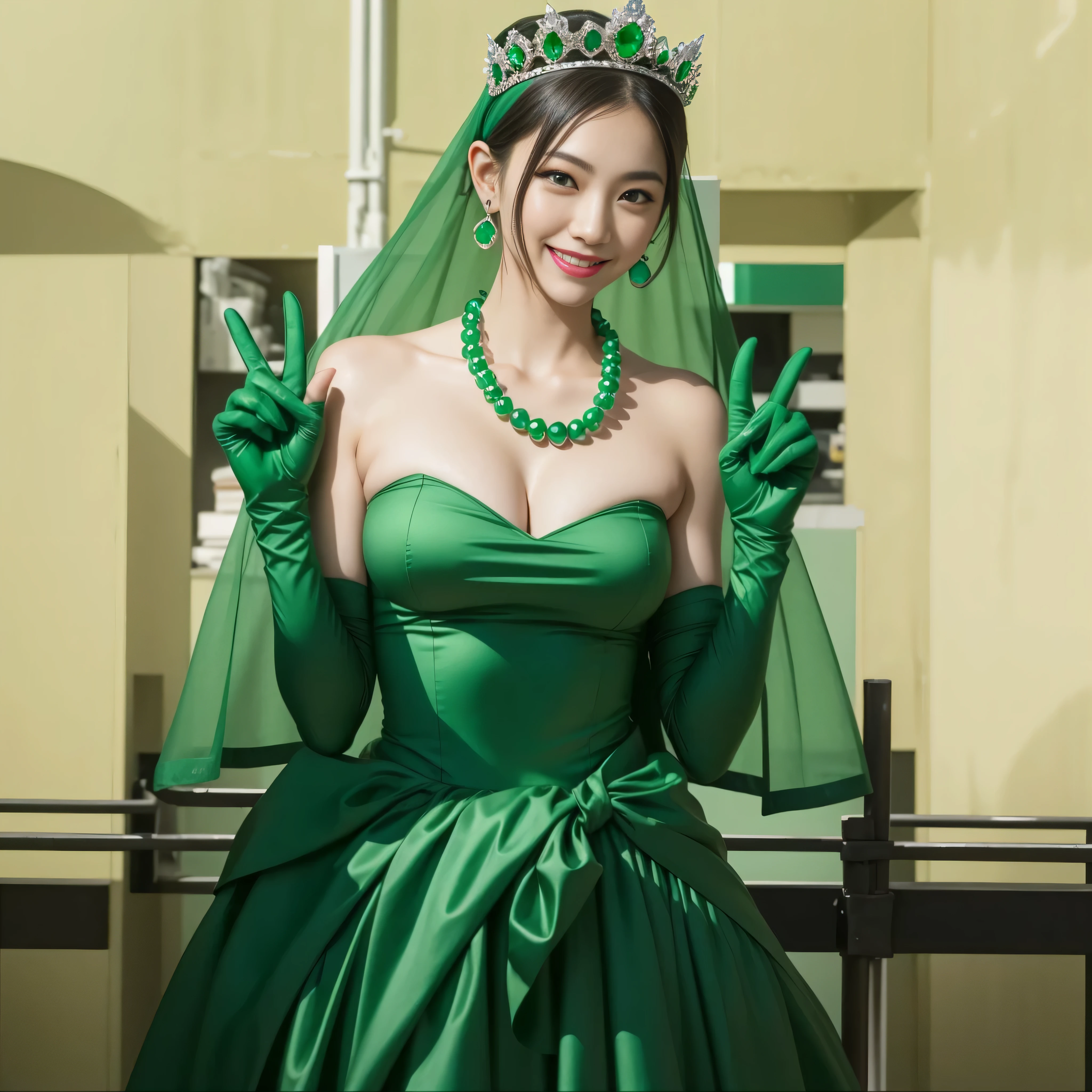 emerald tiara, Green Pearl Necklace, Boyish very short green hair, lipstick, Japan woman smiling, very short hair, big breasts beautiful, green eyes, Long green gloves made of satin material, green eyes, V sign, Emerald Earrings, green vale