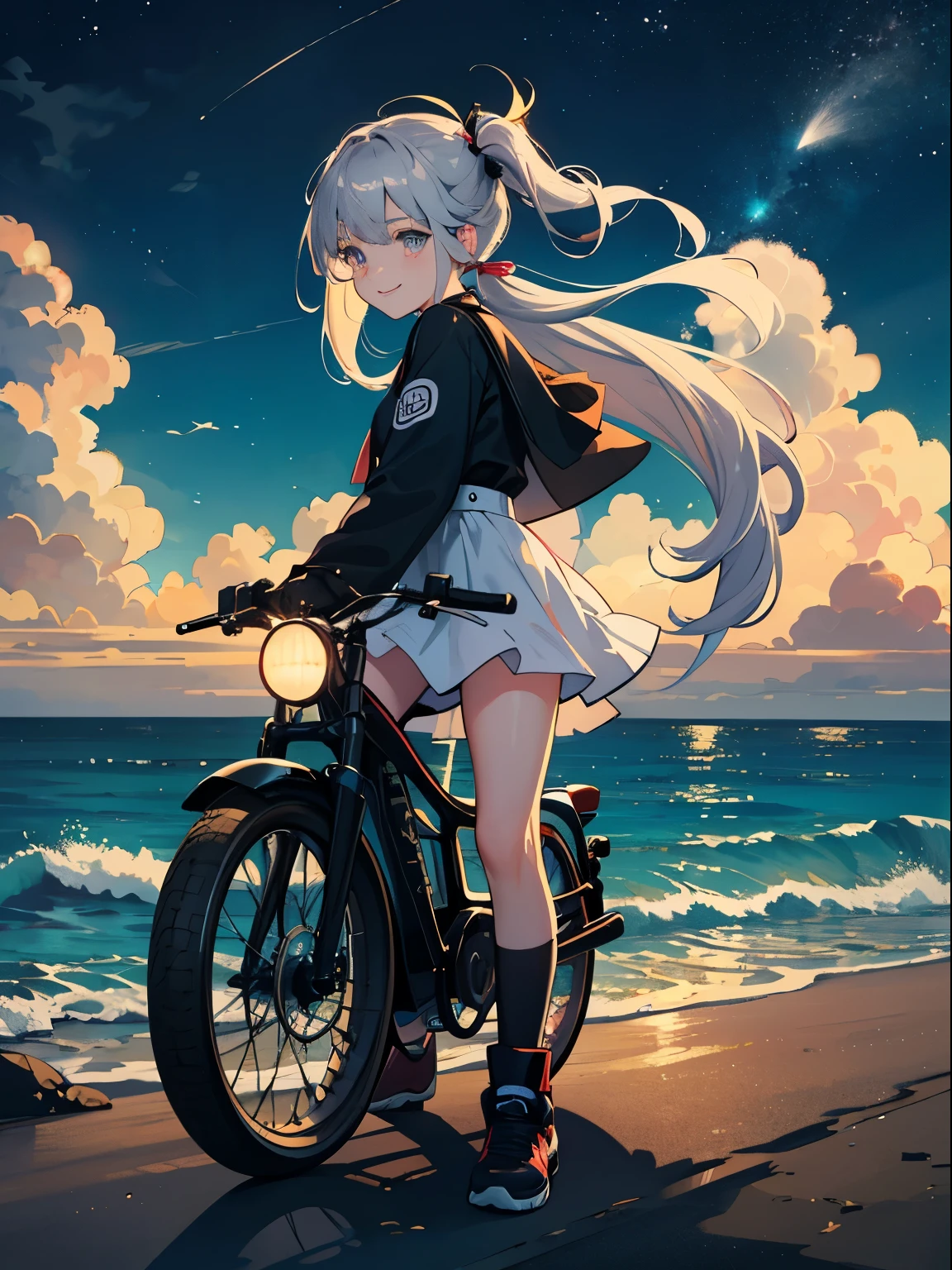 road by the sea,small and cute girl, fashionable witch, summer vacation, Neon color, motorcycle,(long silver twin tail)、master piece、high quality、Scenic spots、evening、starry sky、glowing effect、movie「cute smiling girl」、Modified Bikes､8K、cool bike､ideal style