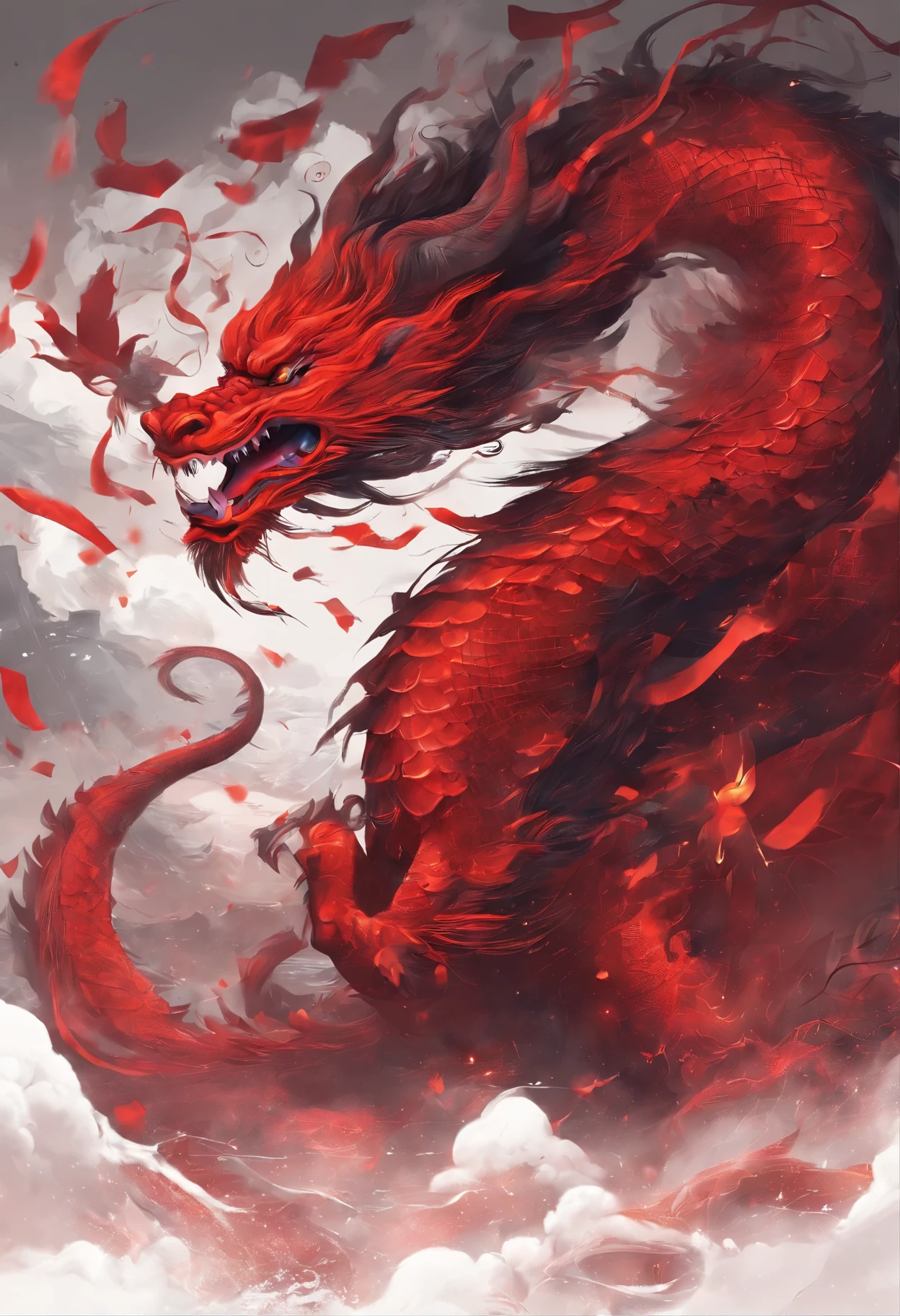 China-style，Chinese New Year atmosphere，Chinese mythology，Chinese Red Dragon，tosen，auspicious sign，gargantuan，The eyes glow red，Glow effects，surrounded by cloud，Thick clouds，中景 the scene ull body like， highly detailed surreal vfx，oc rendered，