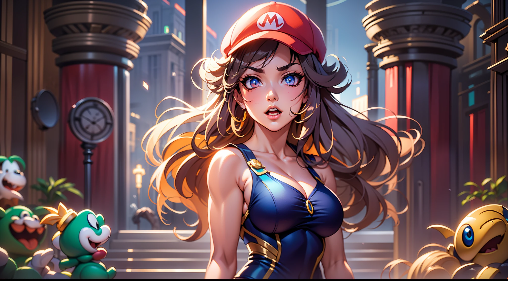 full body portrait of a photo realistic beautiful girl, 1 girl, facing forward, waifu, flowing hair, super mario bros. themed and labeled short modern clothing and a mario hat, big beautiful flirtateous open eyes, standing straight, cinematic lighting, super mario bros environment setting, highly detailed, digital painting, trending on artstation, pixiv, concept art, sharp focus, illustration, art by ross tran and wlop, Glowing eyes, Best quality, good lighting, large breasts with cleavage, seductive face, Masterpiece, highres,sharp focus,(ultra detailed,extremely detailed),(photorealistic artwork:1.37),(extremely detailed CG unity 8k wallpaper),(((vibrant colors,vibrant theme))),(intricate),(masterpiece),(best quality), girl is playing with a cute yoshi