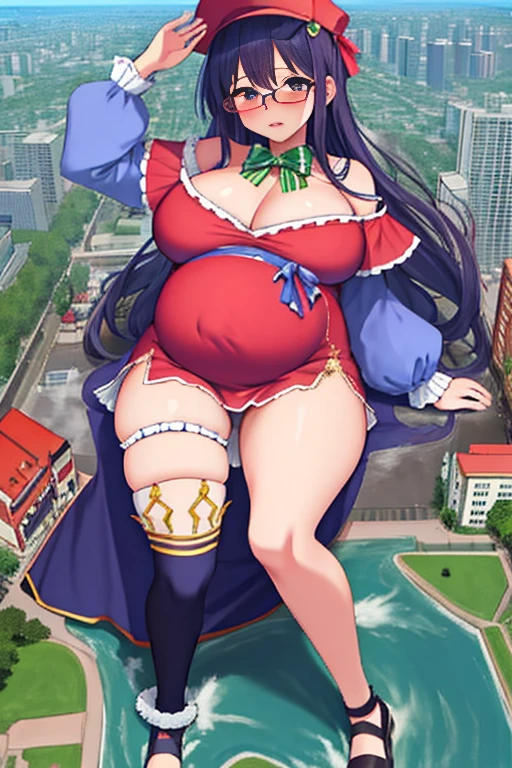 Giant maiden，Moe two-dimensional style，Pregnancy status，Round belly, Huge breasts, Thick thighs，Gaze at the bustling city, Lying down, Burp, Burping, Loud burp, Really loud burp, Glasses, Embarrassed, Full body