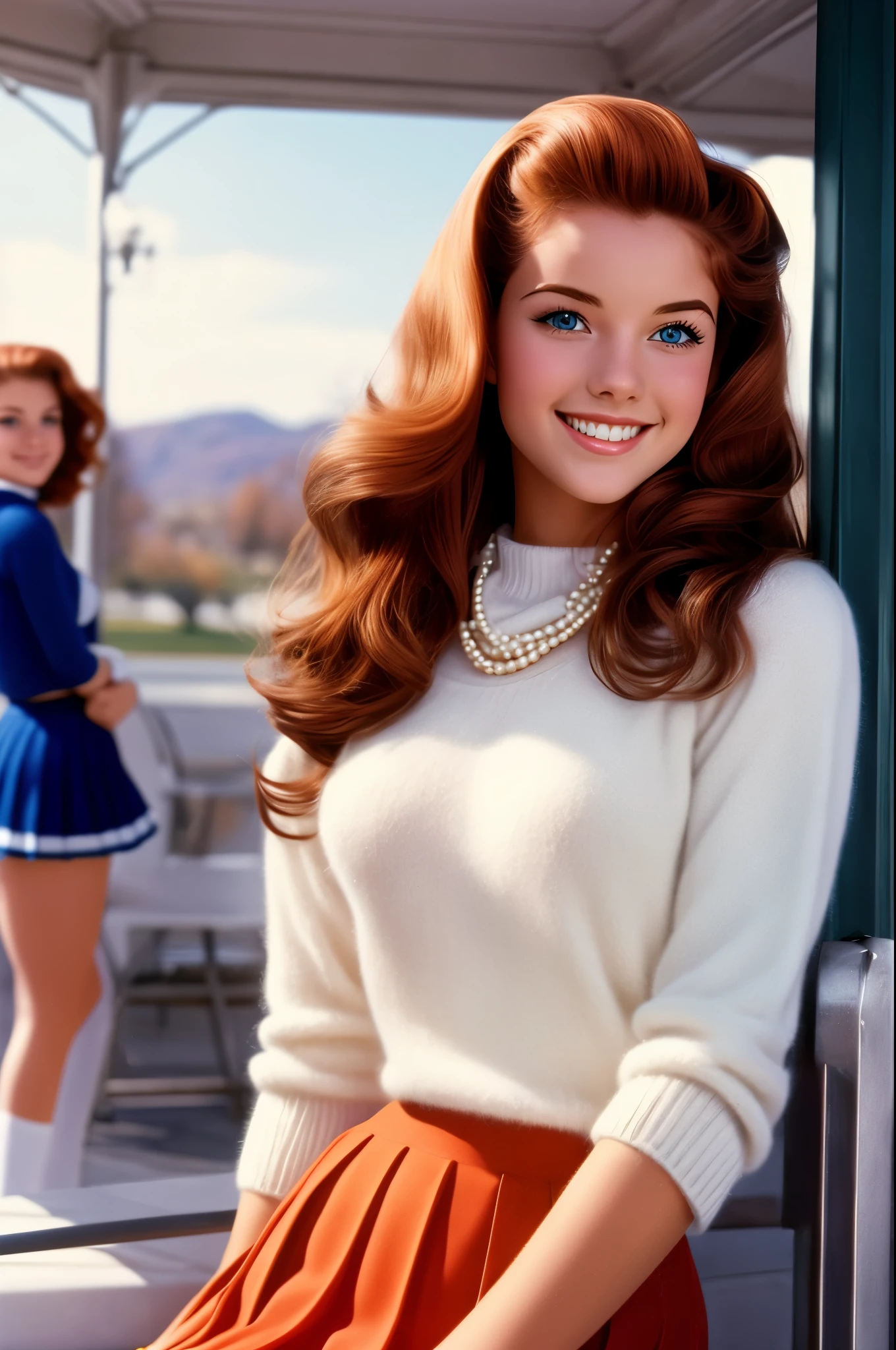  a 21-year-old college senior,  petite with a cheerleader's figure, long auburn hair, bright blue eyes, and a radiant smile, wearing a cashmere sweater and pearls