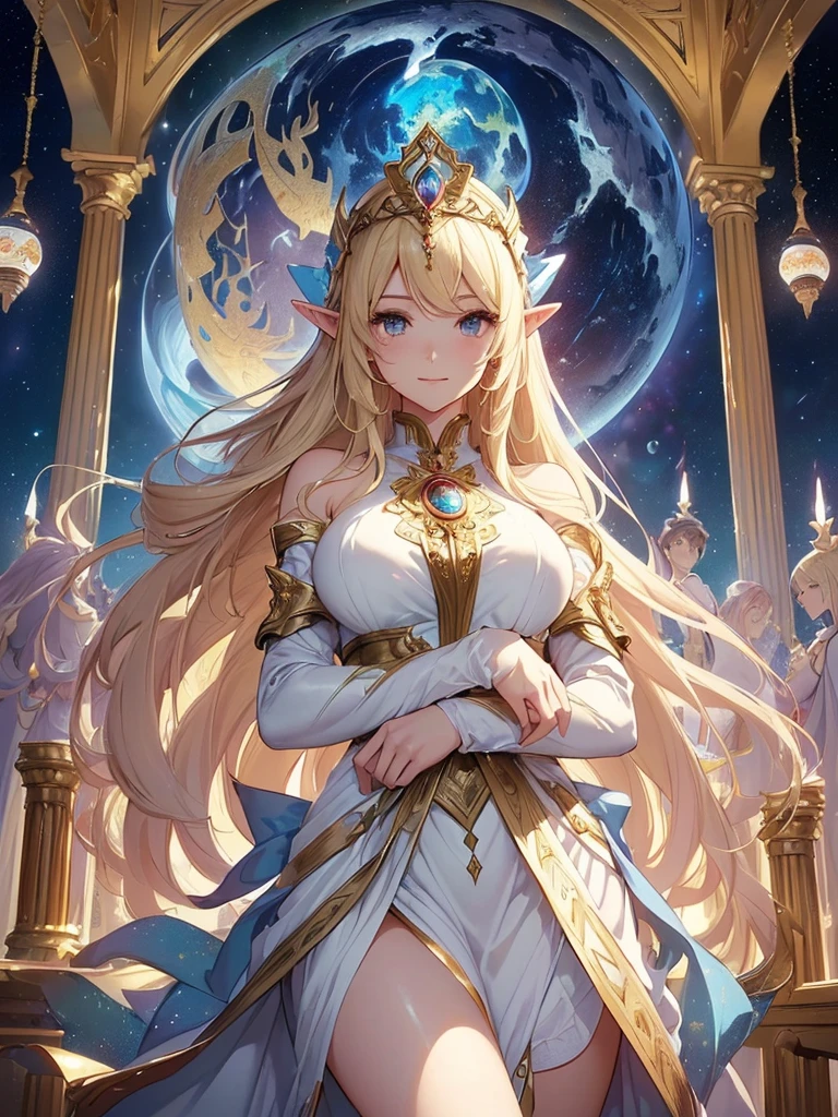 highest quality、Highest image quality、masterpiece、Super beautiful elf beauty((22 years old OL big bust、bust 90,beautiful long ironed hair、blonde、globe、、slender、Close-up、Esbian、beautiful tiara、High quality、beautiful art、background((starry ski)))muste piece、visual art、Depth of the bounds written、low angle of morning sky、、elf ears、、magic of light、space knight、harp melody🎵、A happy smile、gentle light、、Beautiful legs that are gentle on the skin、、、Number of fingers to achieve precise finger movements、ticker beautiful decorative dress、elegant、mystical rosa、 heaven、marble columns, beautiful dressy、magnificent marble dome、giant galaxy、religious painting、embrace the earth、temple of time、great watch、hourglass、sundial、moment of creation!myth、alphonse mucha art、art noveau、byzantine art、folding screen picture、gold foil、Raphael's paintings、renaissance art、Giant White Dragon、dragon