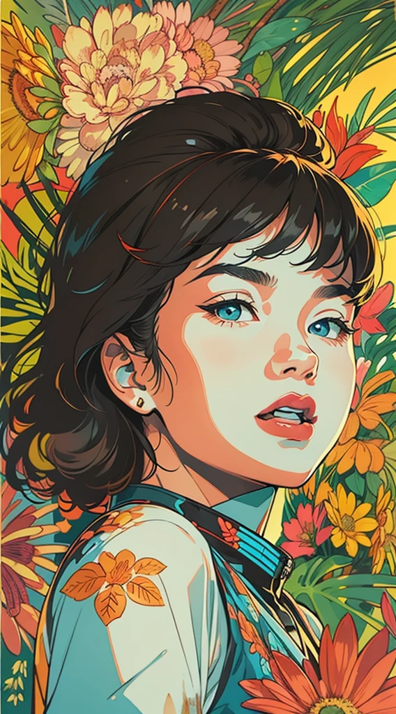 Criar arte digital no estilo Pop Art, With a vibrant and confident young Asian woman,Moda de rua, esquema de cores do filme, Rodeado por motivos de flores vintage, Pinceladas vibrantes,Emotions Should Be Dynamic, tronco, desenho, illustration, escala cinza, tropical, muitas flores,