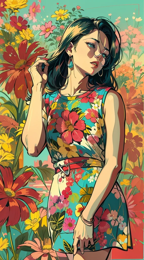 Criar arte digital no estilo Pop Art, With a vibrant and confident young Asian woman，Moda de rua, esquema de cores do filme, Rodeado por motivos de flores vintage, Pinceladas vibrantes,Emotions Should Be Dynamic, tronco, desenho, illustration, escala cinza, tropical, muitas flores,
