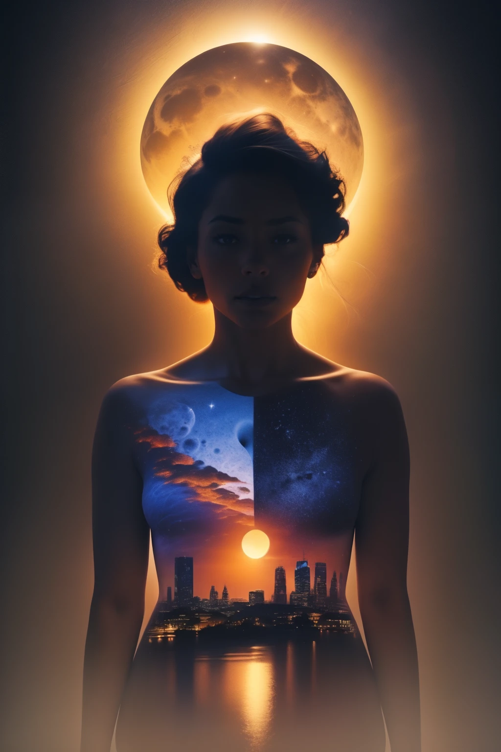 Solo African American girl with dark skin ((a solo heart-shaped moon on her chest)), darken silhouette, heavenly city and starry night by Vincent Van Gogh, 
Bokeh flower, gradient black and blue color background, uhd, surreal, fractal, high detailed masterpiece 