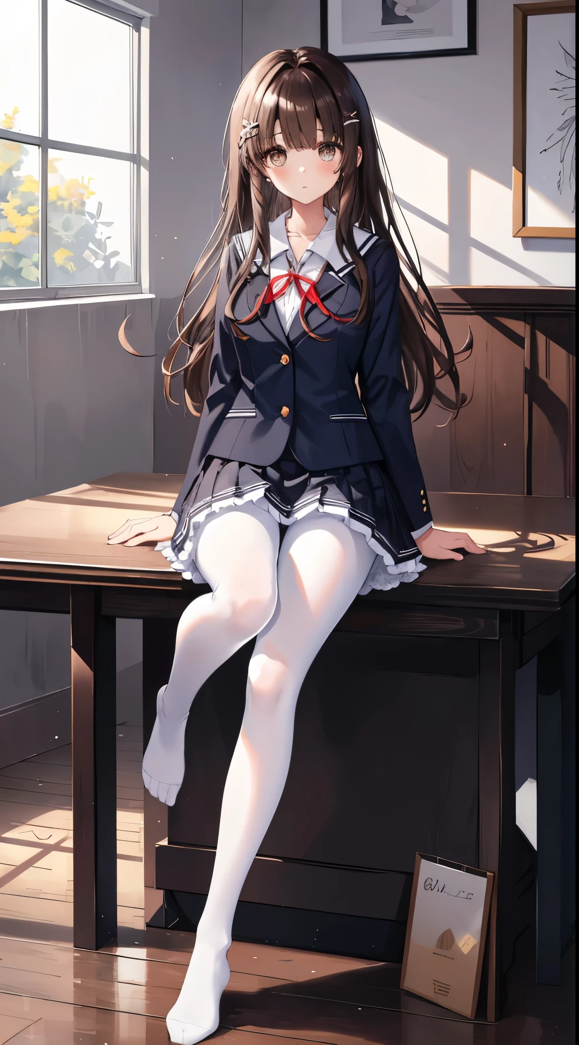 finest, masterpiece, High resolution, (full body), front, symmetrical, Mature tall high school girl, alone, (full body from head to toe), small breasts, slightly messy hair, (black tight track pantyhose), black pantyhose, composition showing white panties, slender beautiful legs, A very beautiful and tall 17 year old girl, ((not wearing shoes)) , shy big eyes, ( (brown hair)), (bangs), messy hair, (hair clip), looking at camera, showing white panties, （forced to sit with legs up）、white ruffle lingerie, high school uniform blazer, high school uniform white blouse, High school uniform with blue ribbon, high school uniform with 短い plaid pattern and navy pleated skirt