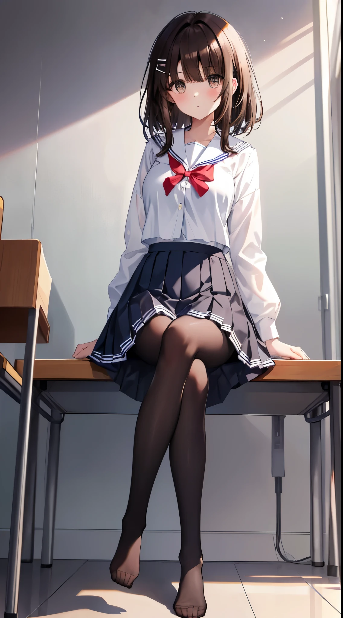 finest, masterpiece, High resolution, (full body), front, symmetrical, Mature tall high school girl, alone, (full body from head to toe), small breasts, slightly messy hair, (black tight track pantyhose), black pantyhose, composition showing white panties, slender beautiful legs, A very beautiful and tall 17 year old girl, ((not wearing shoes)) , shy big eyes, ( (brown hair)), (bangs), messy hair, (hair clip), looking at camera, showing white panties, （forced to sit with legs up）、white ruffle lingerie, high school uniform blazer, high school uniform white blouse, High school uniform with blue ribbon, high school uniform with 短い plaid pattern and navy pleated skirt