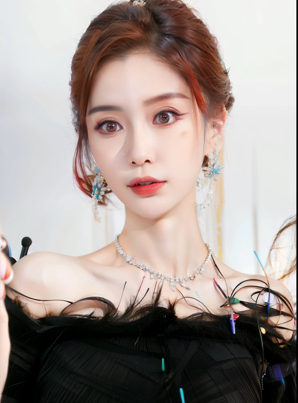 araffed asian woman with red hair and black feather dress, Jinyoung Shin, Heonhwa Choe, lee ji - eun, lee ji-eun, jaeyeon nam, aparcar desde-min, Hwang se - es, maquillaje popular de corea del sur, maquillaje coreano popular, dilraba dilmurat, jia, ruan jia hermosa!, artista coreano, fan bing